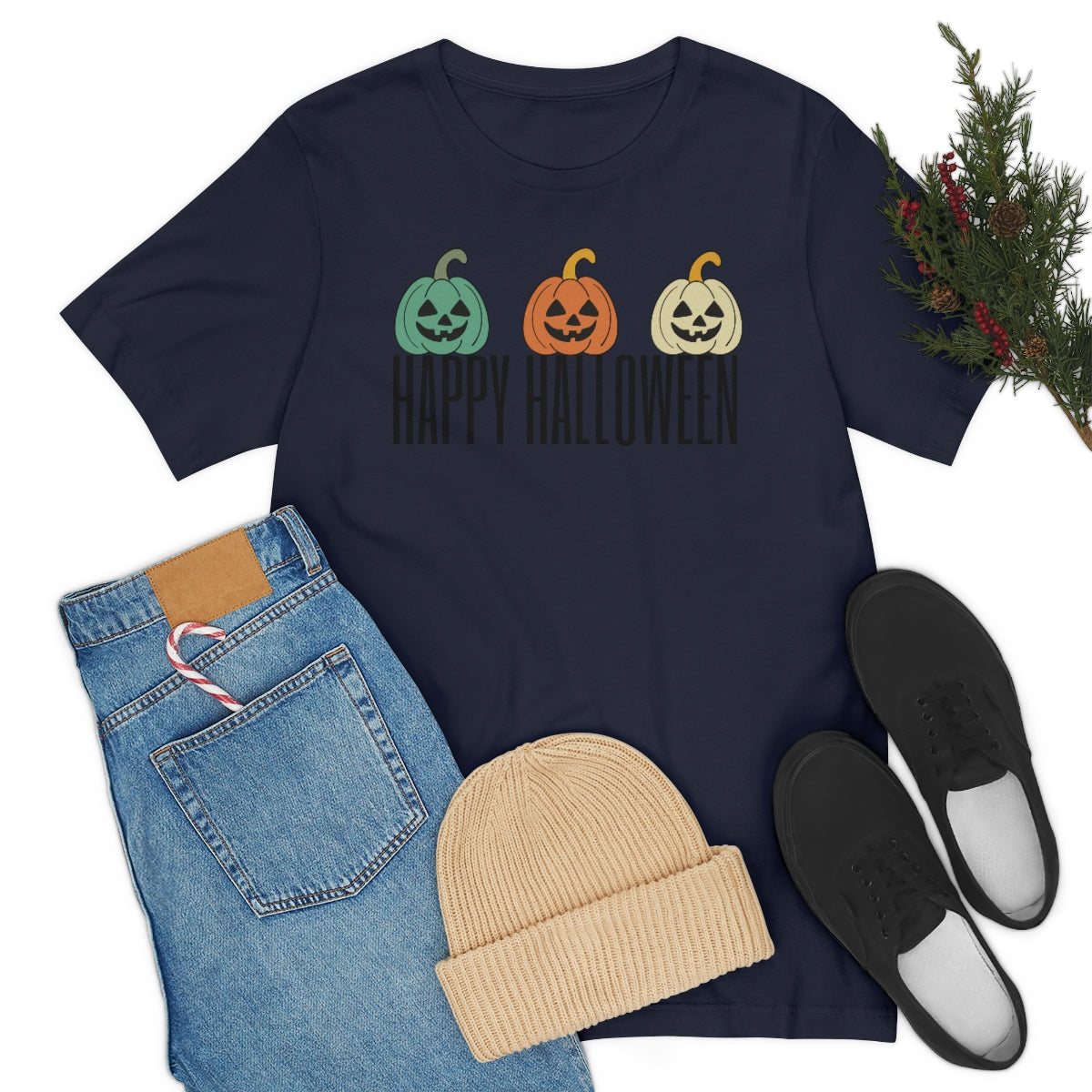 Three Pumpkins Retro Cute Happy Halloween TShirt Design on Unisex Jersey Short Sleeve Tee