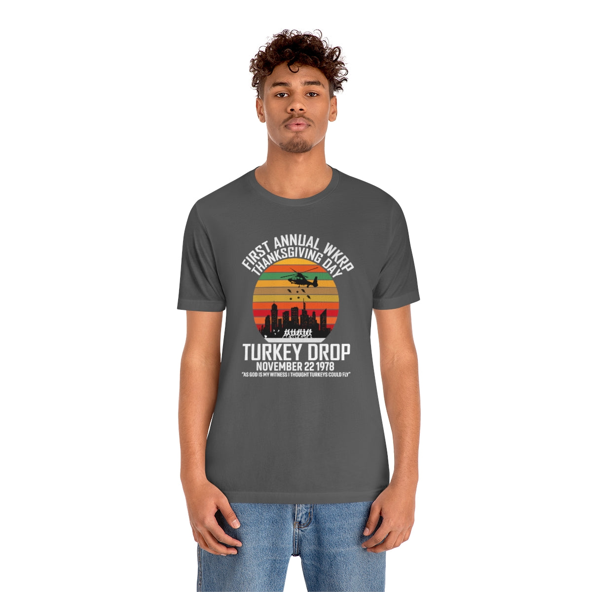 WKRP Turkey Drop Thanksgiving Teeshirt on Unisex Jersey Short Sleeve Tee