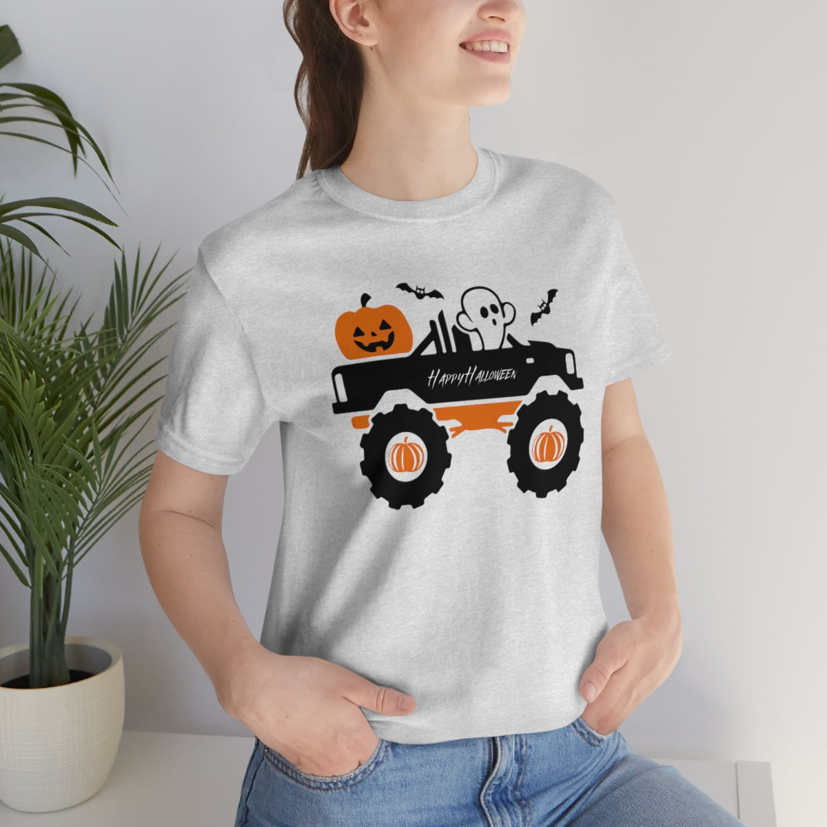 Big Rig Ghost Happy Halloween, Pumpkin Tshirt, Funny TShirt Design on Unisex Jersey Short Sleeve Tee