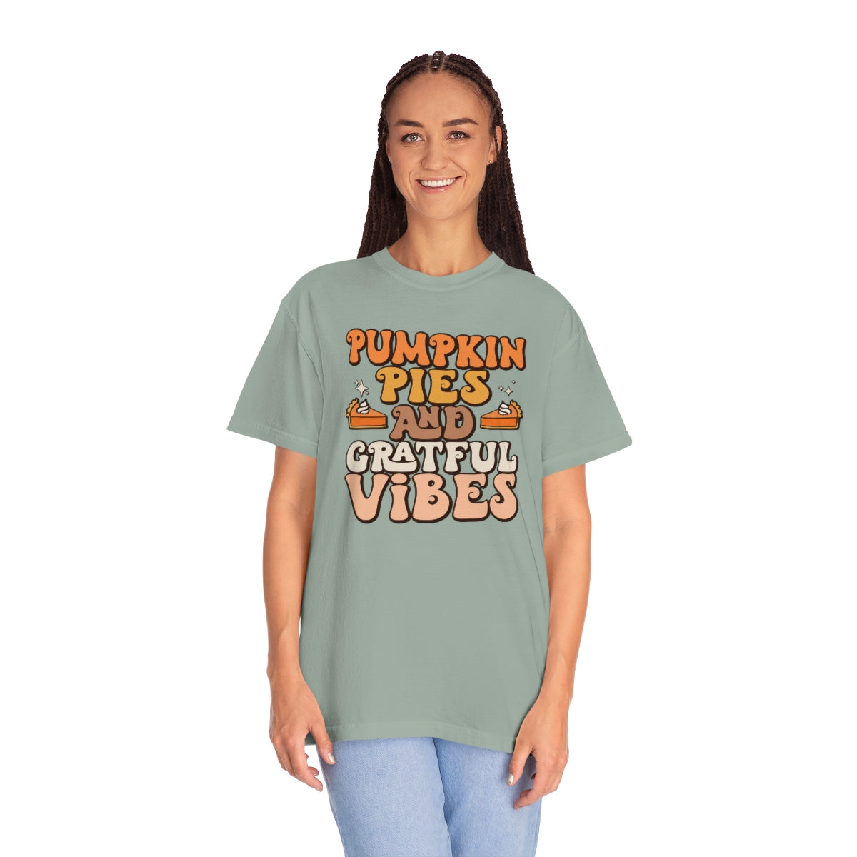 Pumpkin Pies & Grateful Vibes Thanksgiving TeeShirt Design | Thanksgiving T-Shirt | Retro Thanksgiving Shirt Design | Thanksgiving TShirt | Thanksgiving Lover Shirt | Funny Thanksgiving Tee Shirt Design on Unisex Garment-Dyed T-shirt