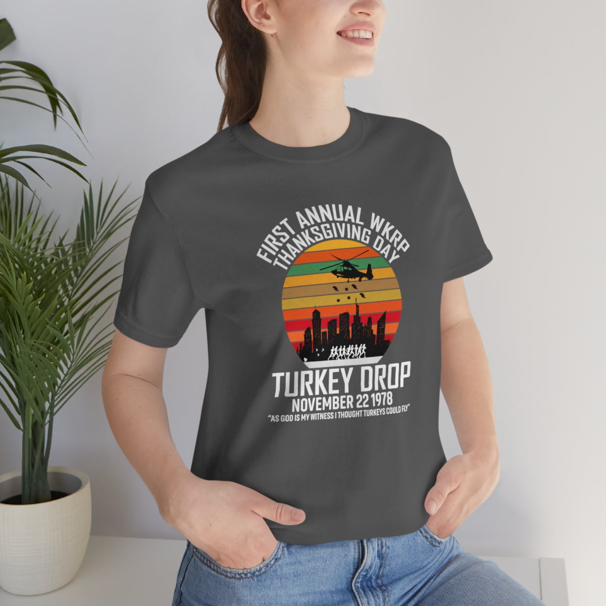 WKRP Turkey Drop Thanksgiving Teeshirt on Unisex Jersey Short Sleeve Tee