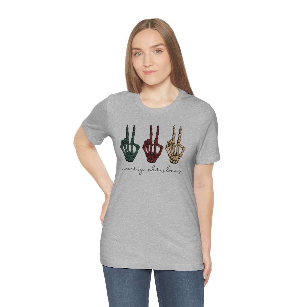 Three Peace Signs Skeleton Hands Spooky Merry Christmas Script Tshirt