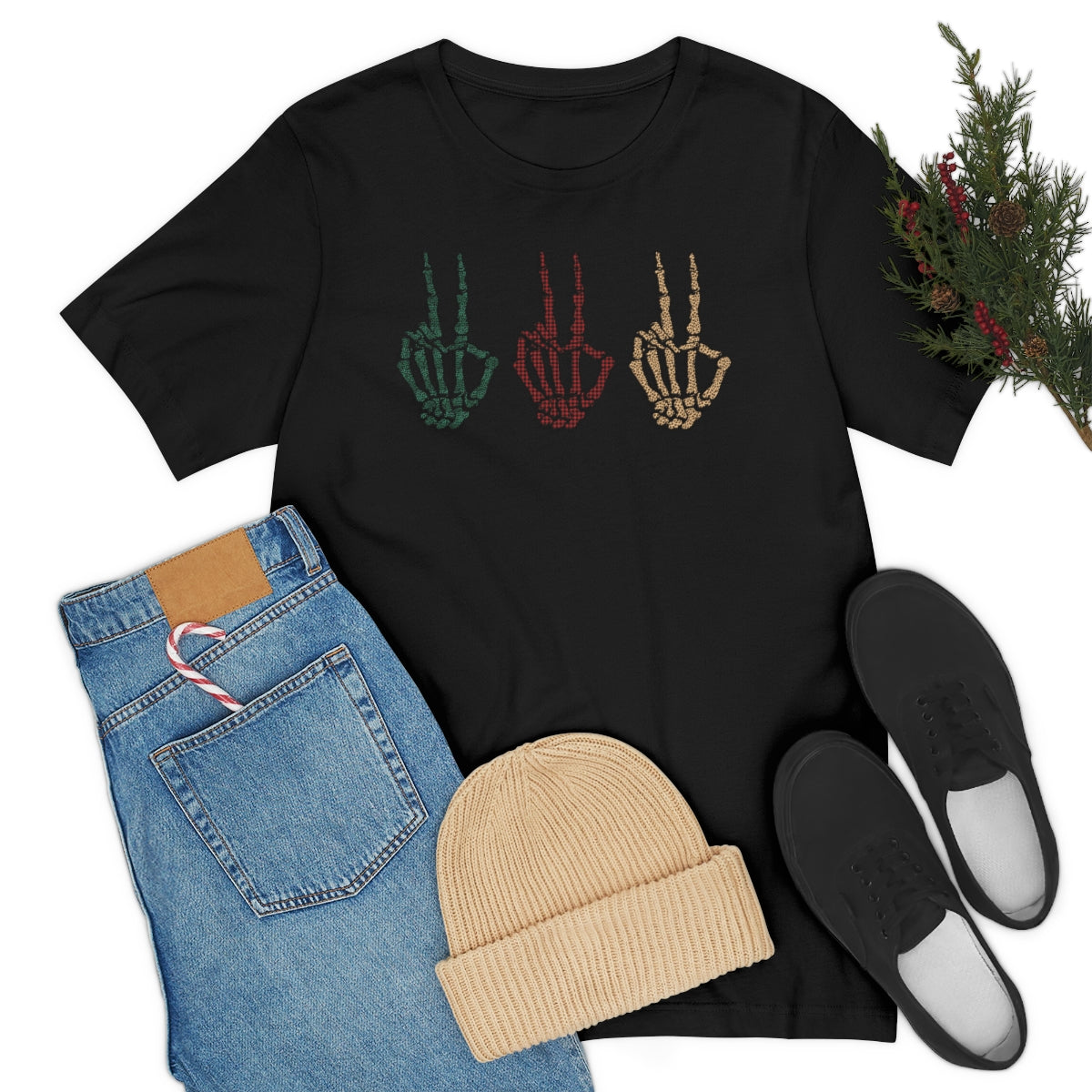 Three Peace Signs Skeleton Hands Spooky Merry Christmas Script Tshirt