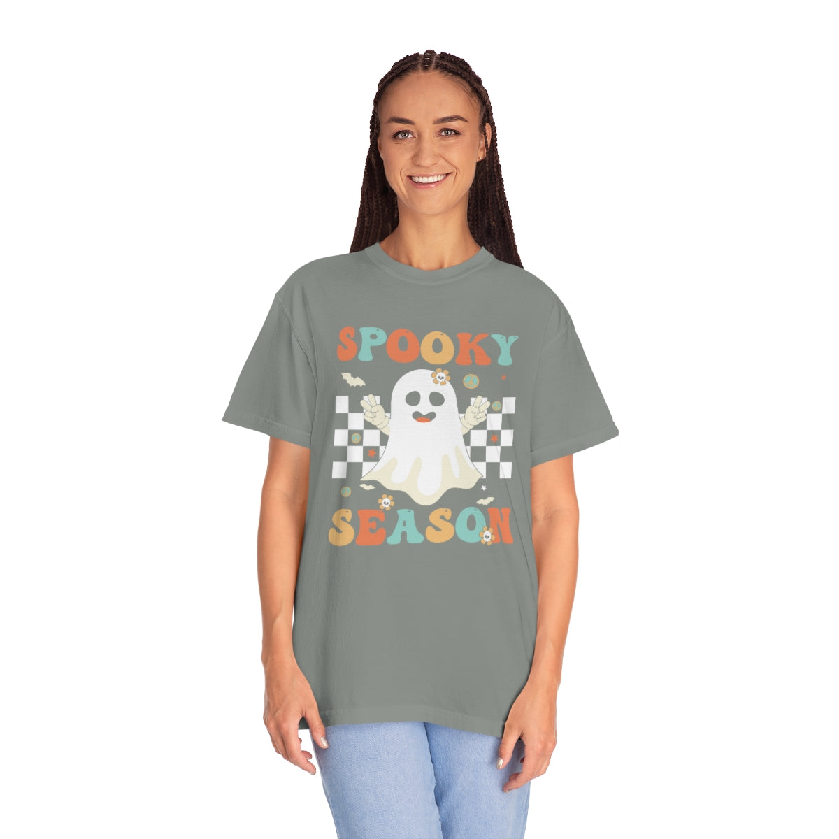 Spooky Season Halloween with Checkerboard Cute Retro Design, Halloween Tshirt, Funny Tshirt Design on Unisex Garment-Dyed T-shirt