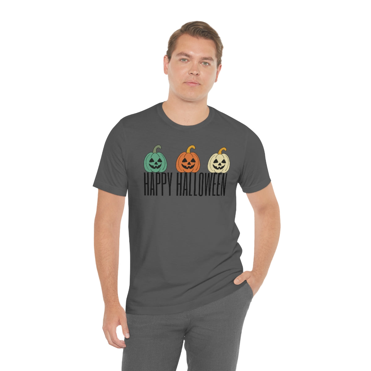 Three Pumpkins Retro Cute Happy Halloween TShirt Design on Unisex Jersey Short Sleeve Tee