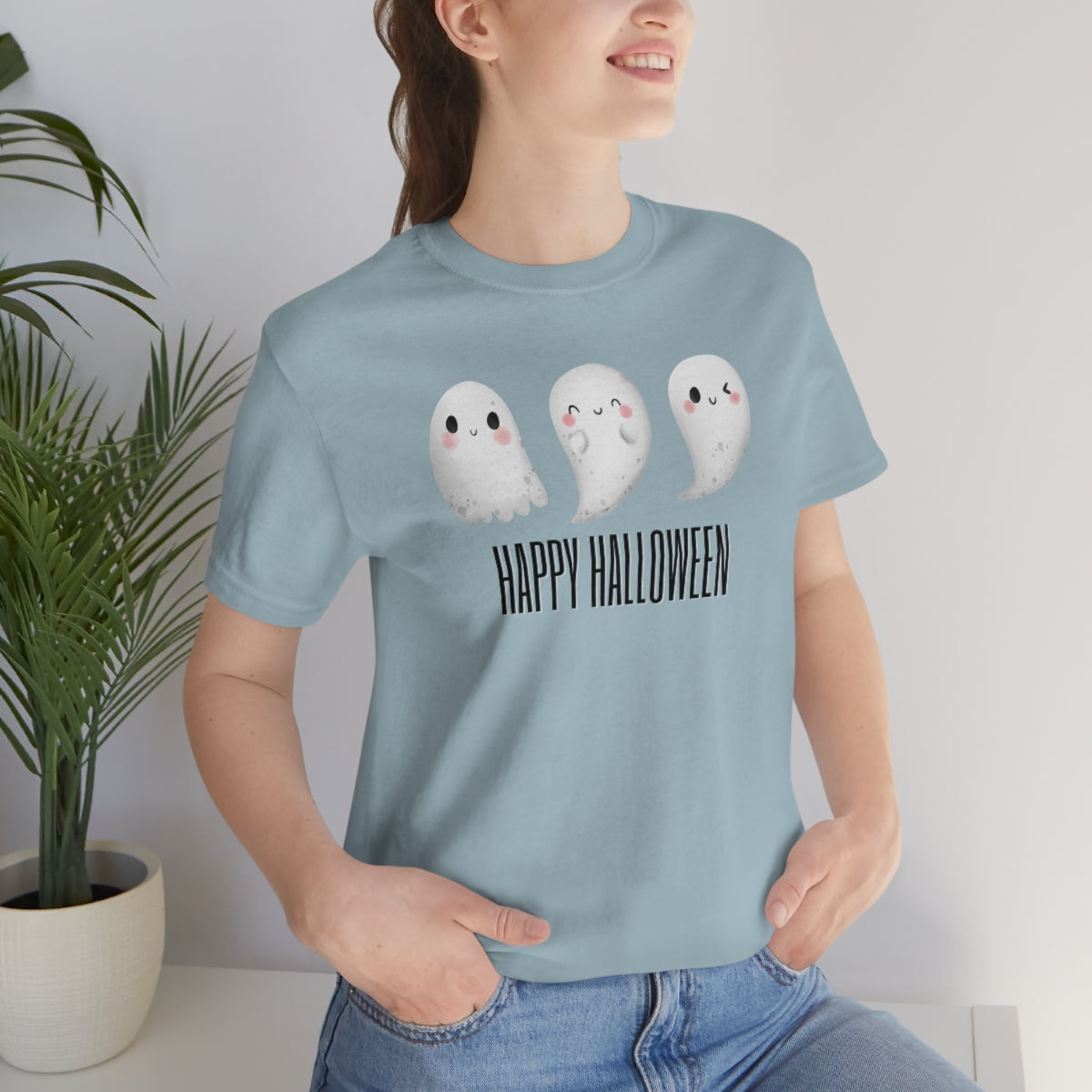 Three Ghosts Cute Happy Halloween Tshirt, Funny TShirt Design on Unisex Jersey Short Sleeve Tee