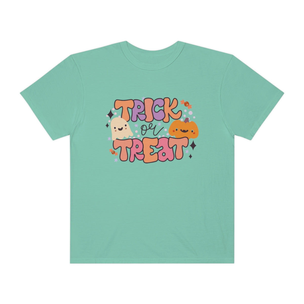 Trick or Treat Pumpkin Halloween Design, Halloween Tshirt, Funny Tshirt Design on Unisex Garment-Dyed T-shirt