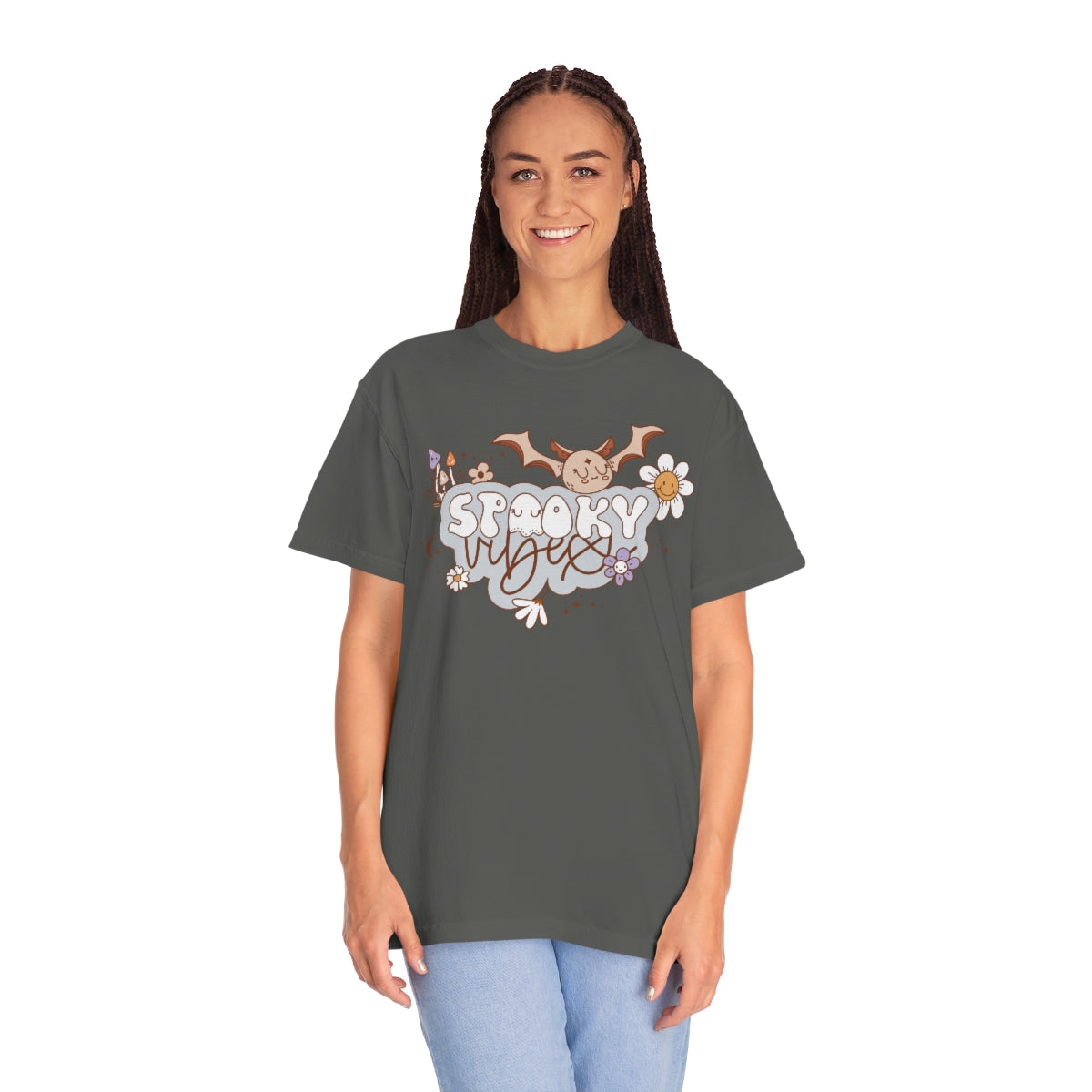 Spooky Vibes Cute Bat with Retro Lettering Design, Halloween Tshirt, Funny Tshirt Design on Unisex Garment-Dyed T-shirt