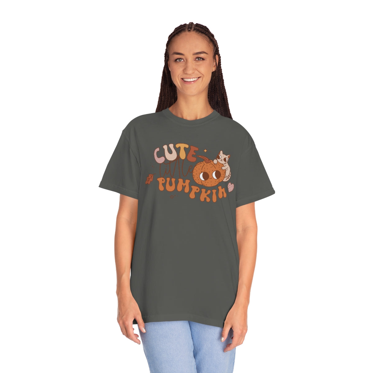 Cute Little Pumpkin with Black Cat and Retro Lettering Design, Halloween Tshirt, Funny Tshirt Design on Unisex Garment-Dyed T-shirt