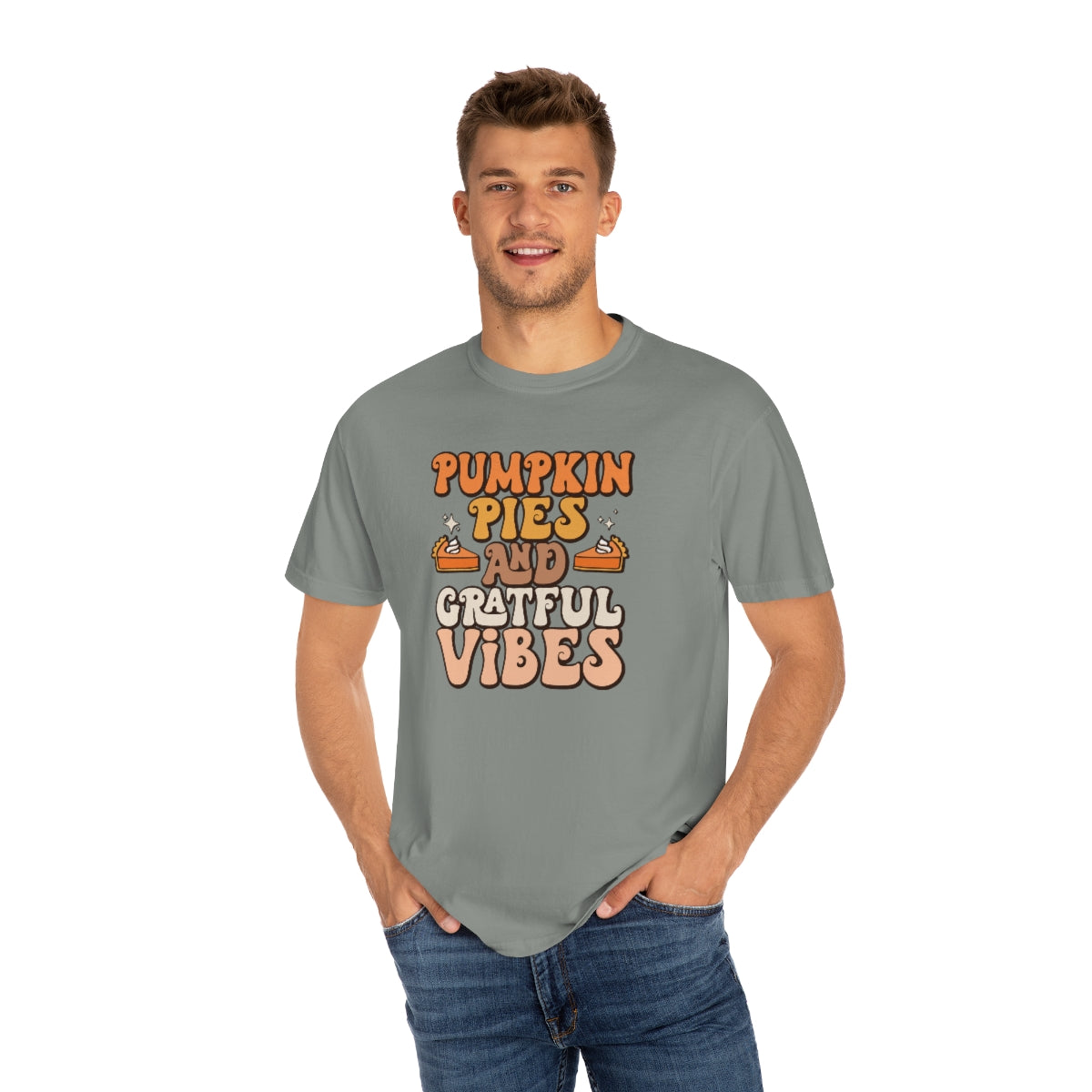 Pumpkin Pies & Grateful Vibes Thanksgiving TeeShirt Design | Thanksgiving T-Shirt | Retro Thanksgiving Shirt Design | Thanksgiving TShirt | Thanksgiving Lover Shirt | Funny Thanksgiving Tee Shirt Design on Unisex Garment-Dyed T-shirt