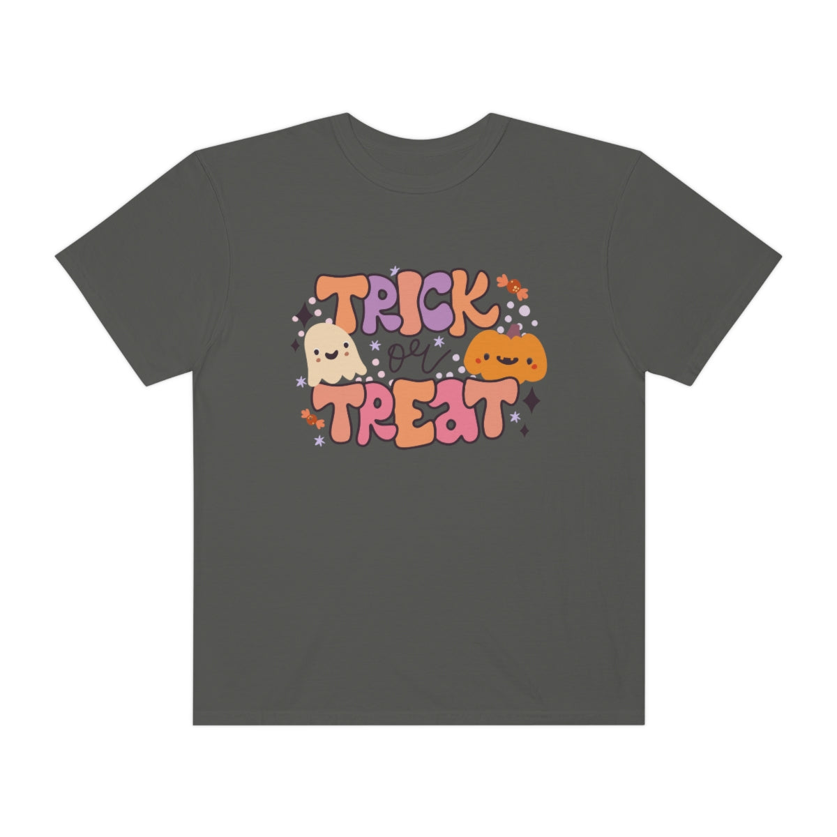 Trick or Treat Pumpkin Halloween Design, Halloween Tshirt, Funny Tshirt Design on Unisex Garment-Dyed T-shirt