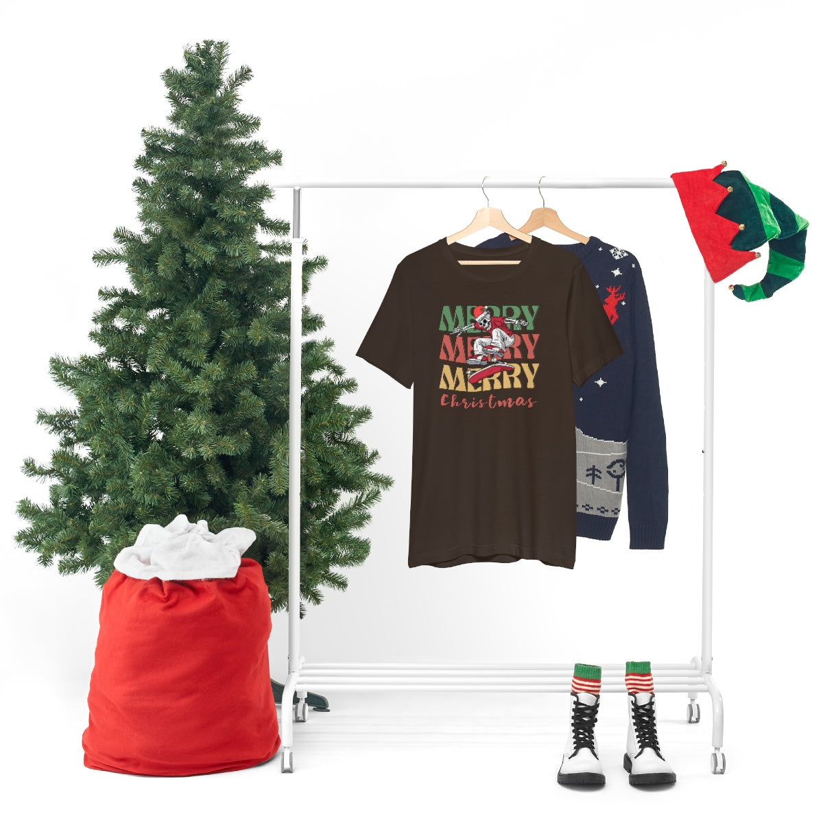 Merry Christmas Skeleton Skateboarding Retro Christmas Tshirt