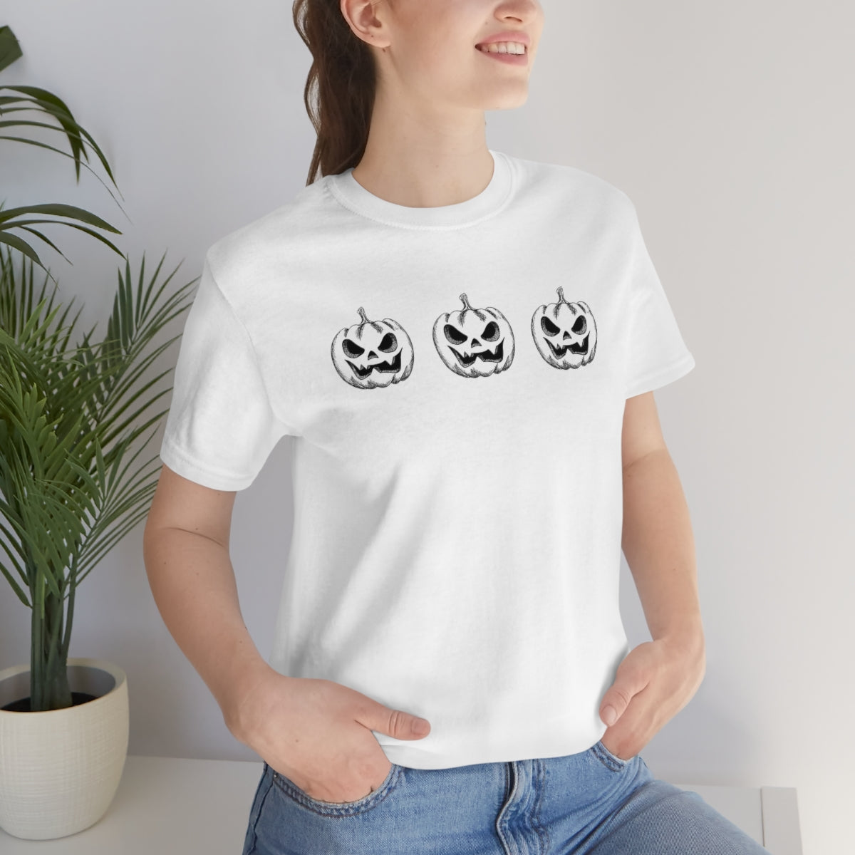 Three Pumpkin Happy Halloween, Pumpkin Tshirt, Funny TShirt Design on Unisex Jersey Short Sleeve Tee