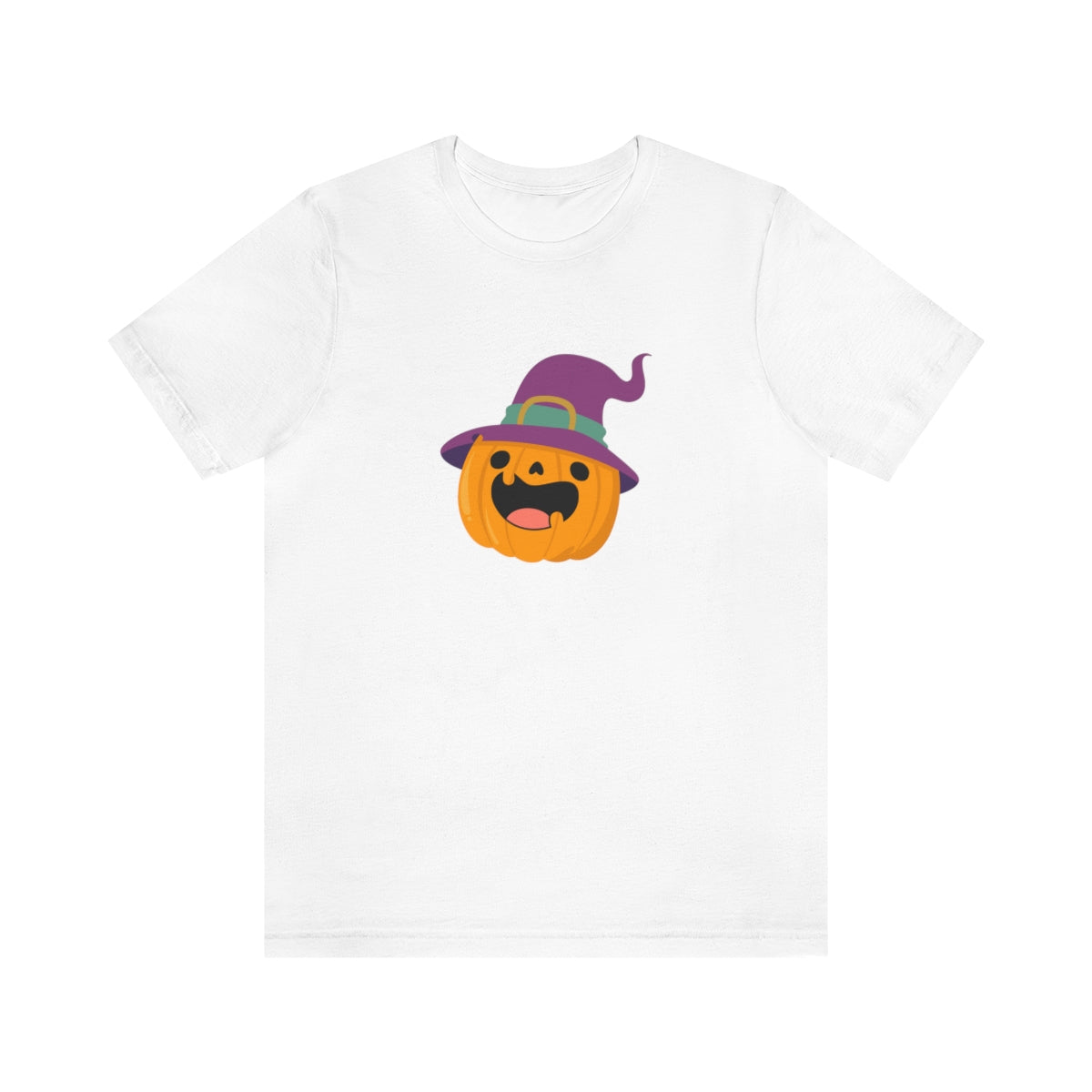 Pumpkin with Purple Hat Happy Halloween Tshirt, Funny Halloween T-Shirt Design on Unisex Jersey Short Sleeve Tee