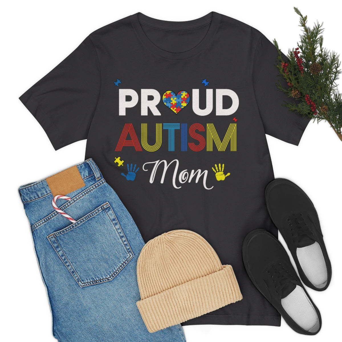 Proud Autism Mom with Handprints Puzzle Pieces Tshirt