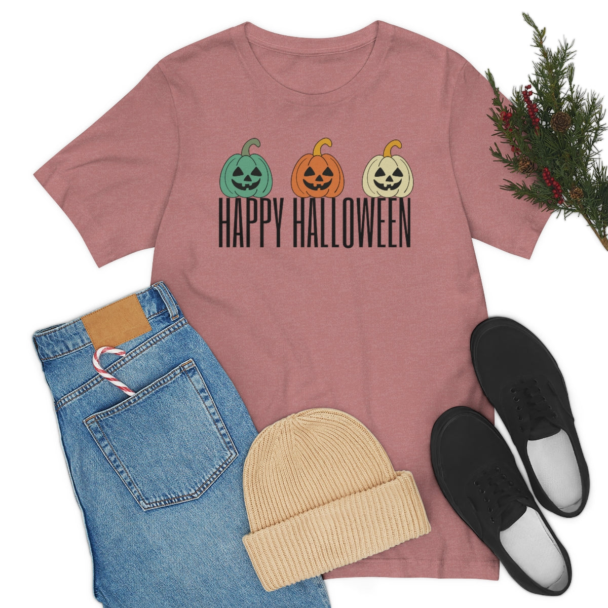 Three Pumpkins Retro Cute Happy Halloween TShirt Design on Unisex Jersey Short Sleeve Tee