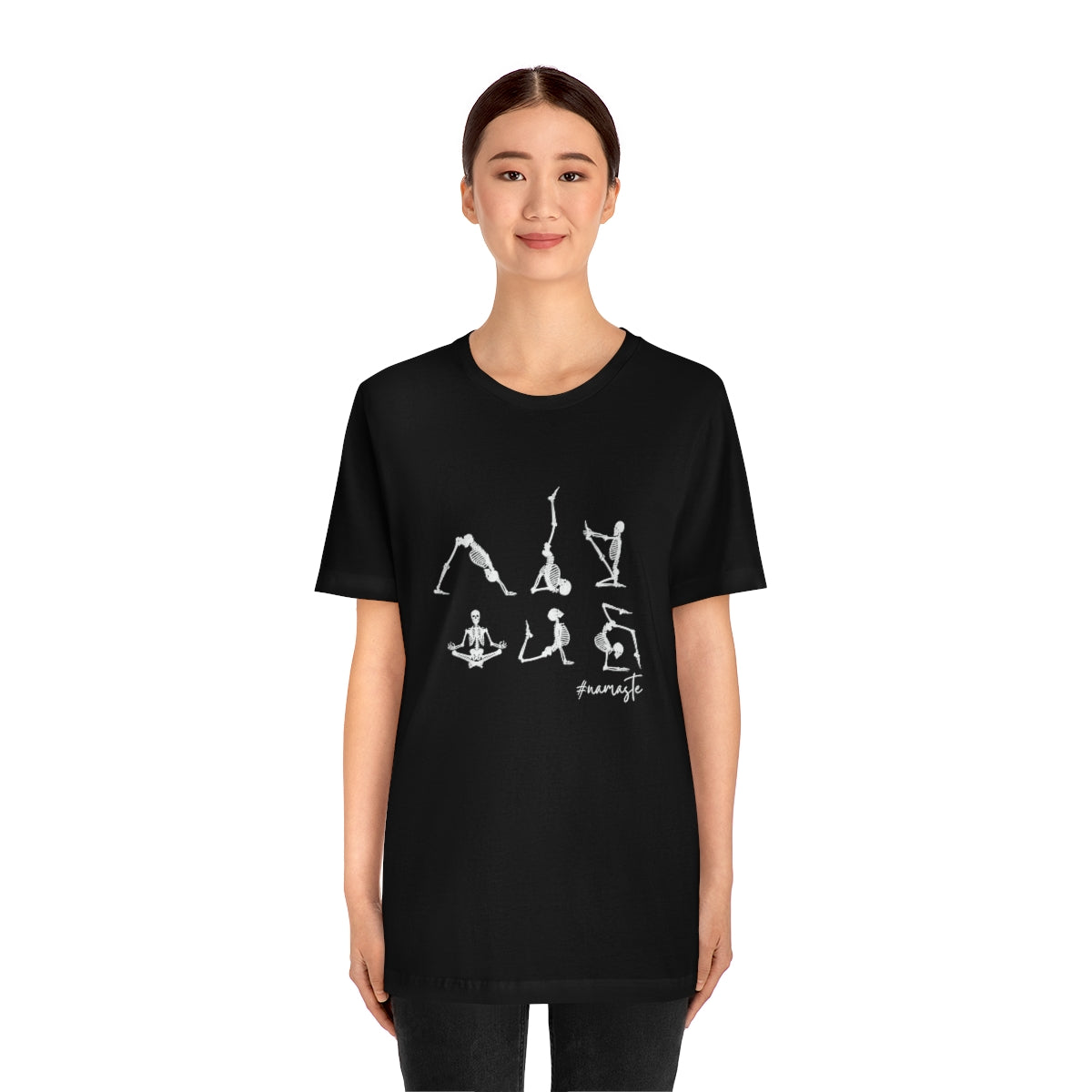 Namaste Yoga Skeletons Design on Unisex Jersey Short Sleeve Tee