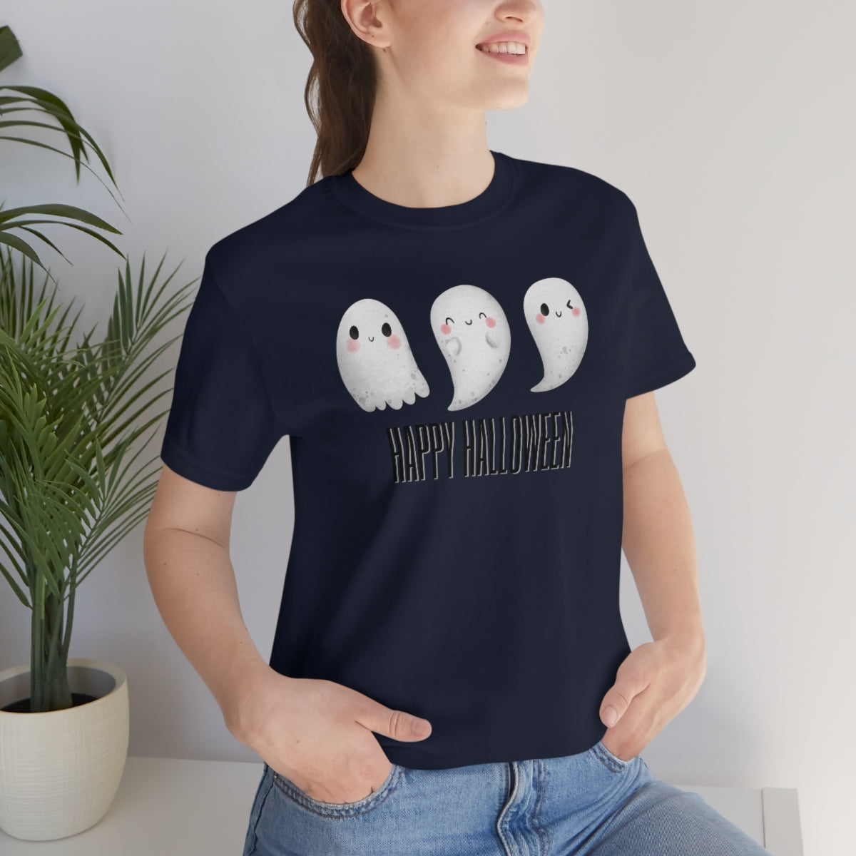 Three Ghosts Cute Happy Halloween Tshirt, Funny TShirt Design on Unisex Jersey Short Sleeve Tee