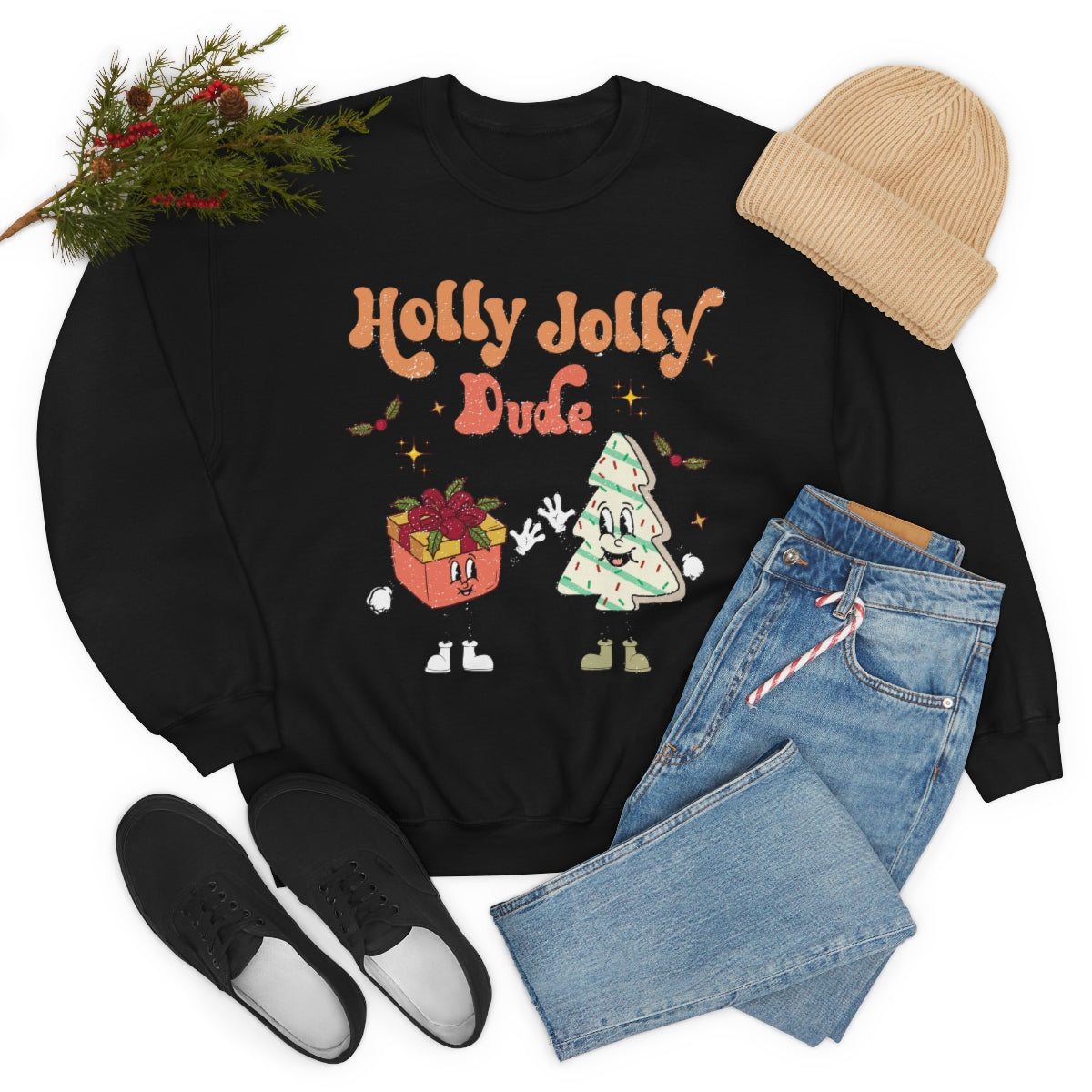 Holly Jolly Dude Groovy Retro Vintage Style Christmas Xmas Holiday Sweatshirt