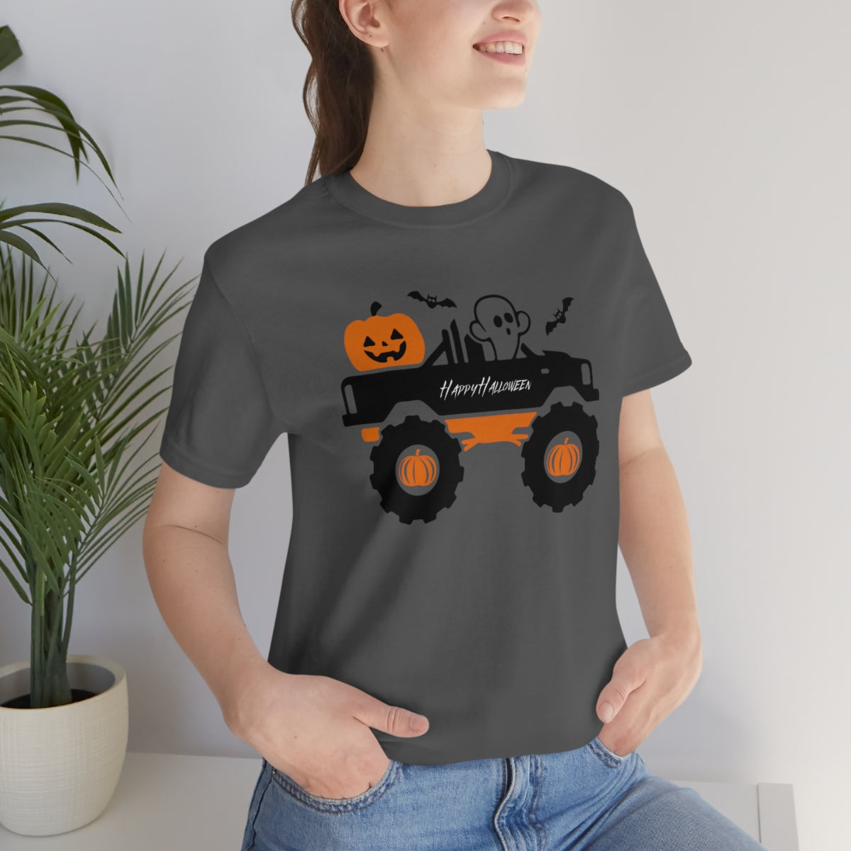 Big Rig Ghost Happy Halloween, Pumpkin Tshirt, Funny TShirt Design on Unisex Jersey Short Sleeve Tee