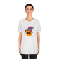 Pumpkin with Purple Hat Happy Halloween Tshirt, Funny Halloween T-Shirt Design on Unisex Jersey Short Sleeve Tee