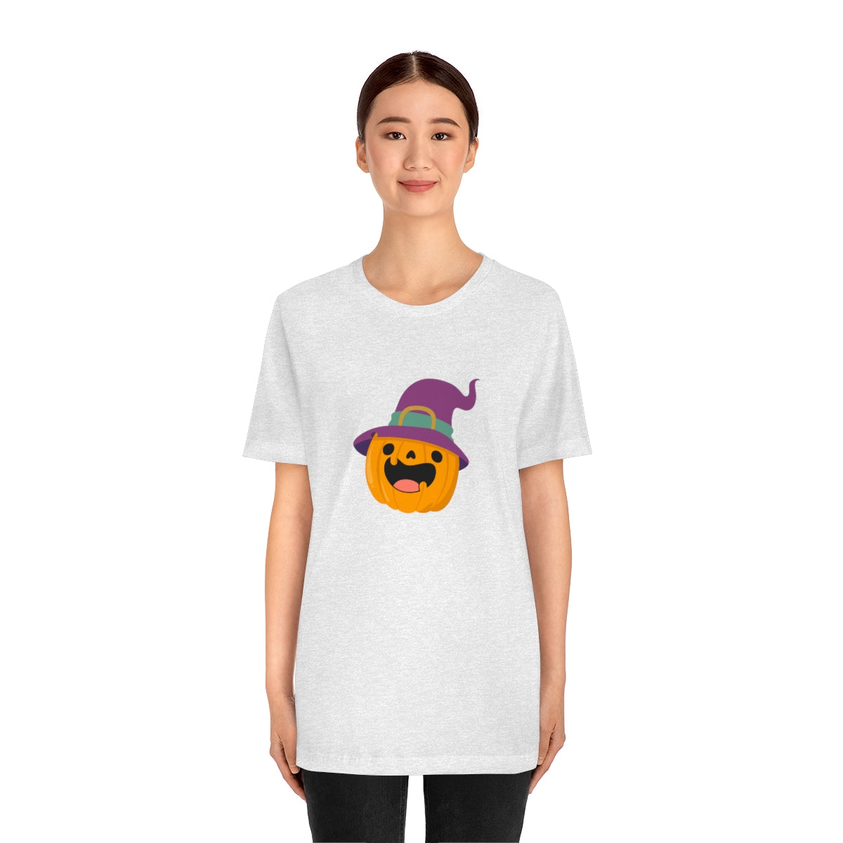 Pumpkin with Purple Hat Happy Halloween Tshirt, Funny Halloween T-Shirt Design on Unisex Jersey Short Sleeve Tee