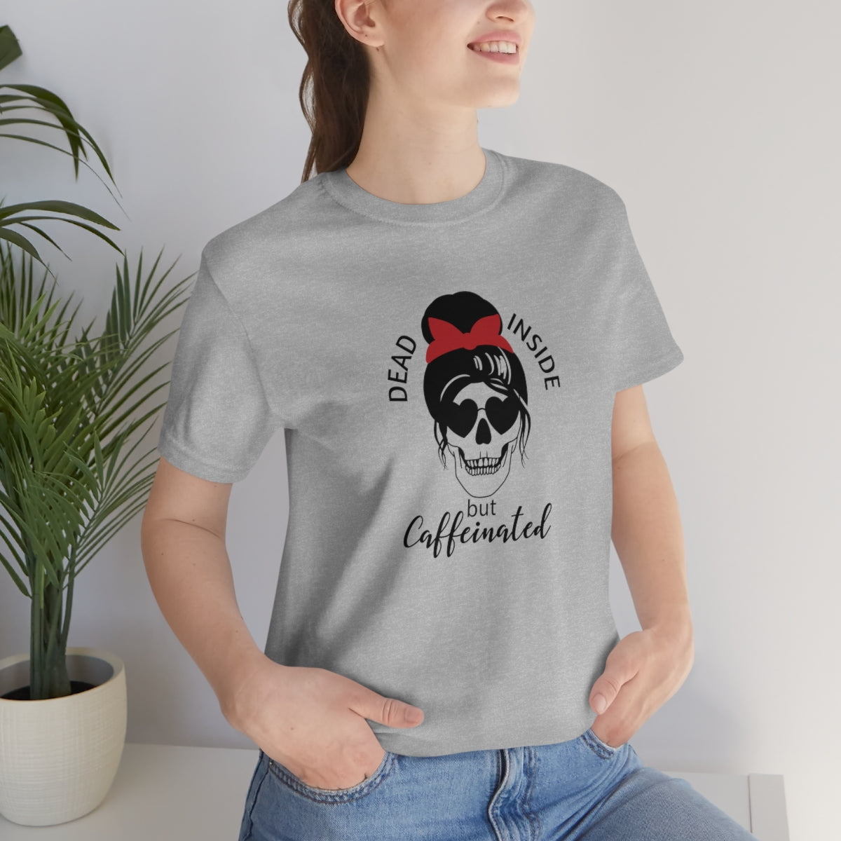 Dead Inside but Caffeinated Skeleton TShirt, Funny Shirt, Halloween Coffee Lover Gift on Unisex Jersey Short Sleeve Tee