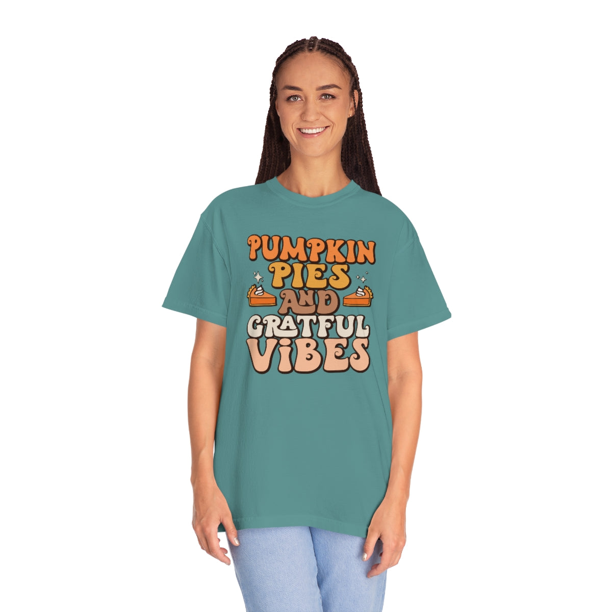 Pumpkin Pies & Grateful Vibes Thanksgiving TeeShirt Design | Thanksgiving T-Shirt | Retro Thanksgiving Shirt Design | Thanksgiving TShirt | Thanksgiving Lover Shirt | Funny Thanksgiving Tee Shirt Design on Unisex Garment-Dyed T-shirt