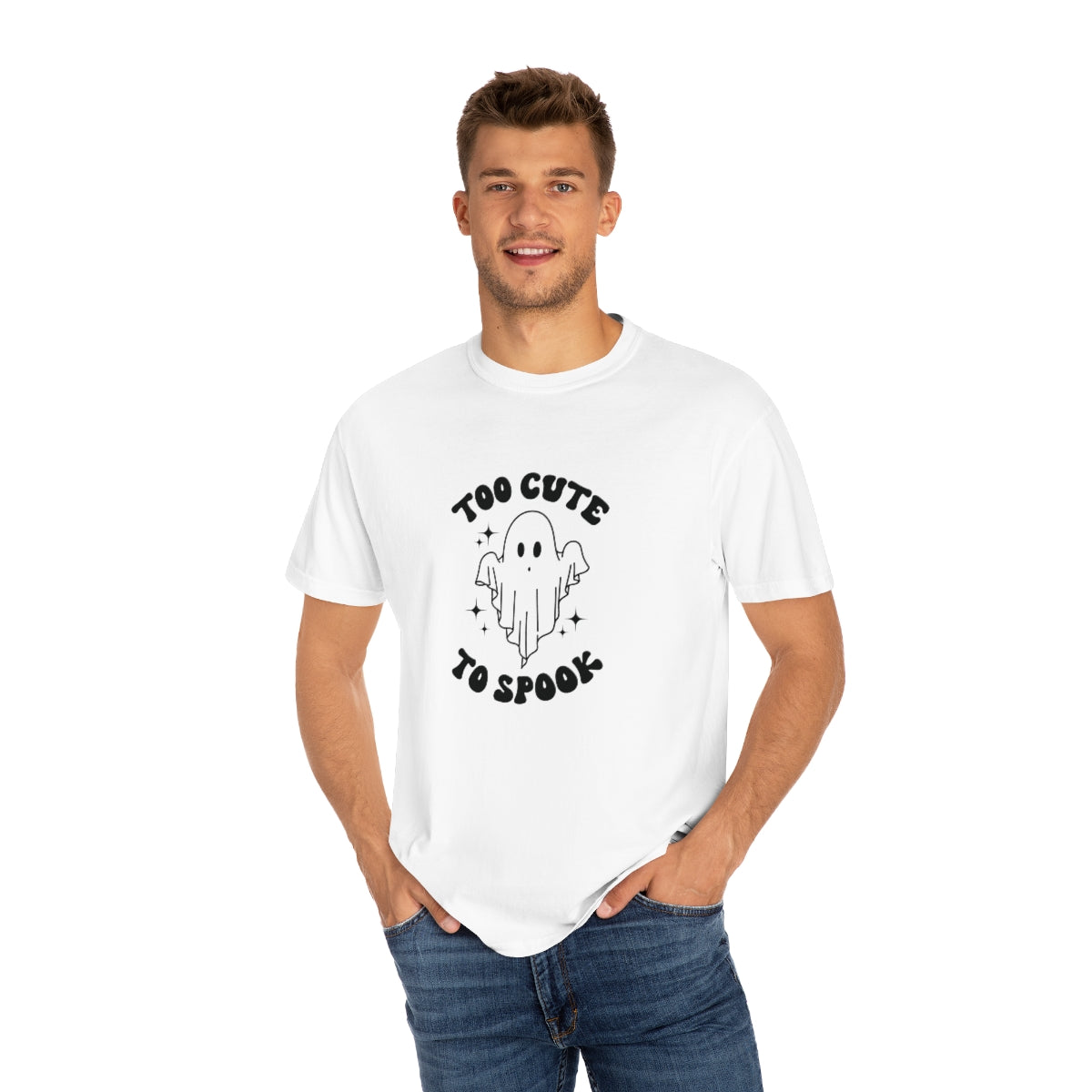 Too Cute to Spook Ghost Halloween Tshirt Design on Unisex Garment-Dyed T-shirt