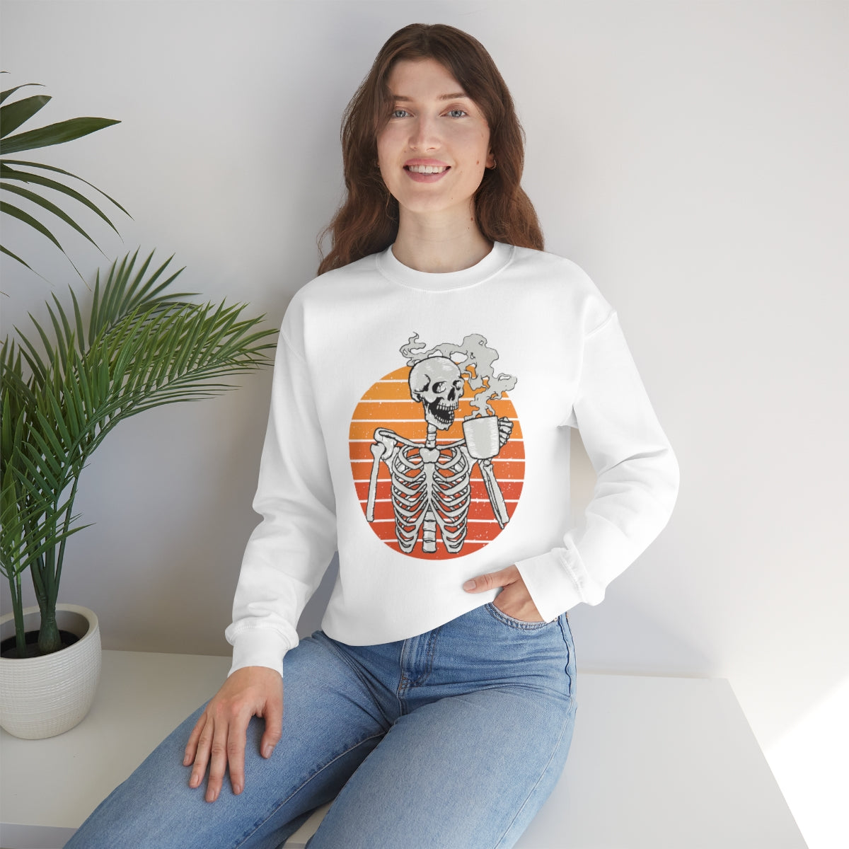 Skeleton Drinking Coffee Sweatshirt, Skeleton Sweater, Coffee Lover Sweatshirt, Halloween Crewneck Sweatshirt, Halloween Sweater, Spooky Season, Fall Shirts on Unisex Heavy Blend™ Crewneck Sweatshirt