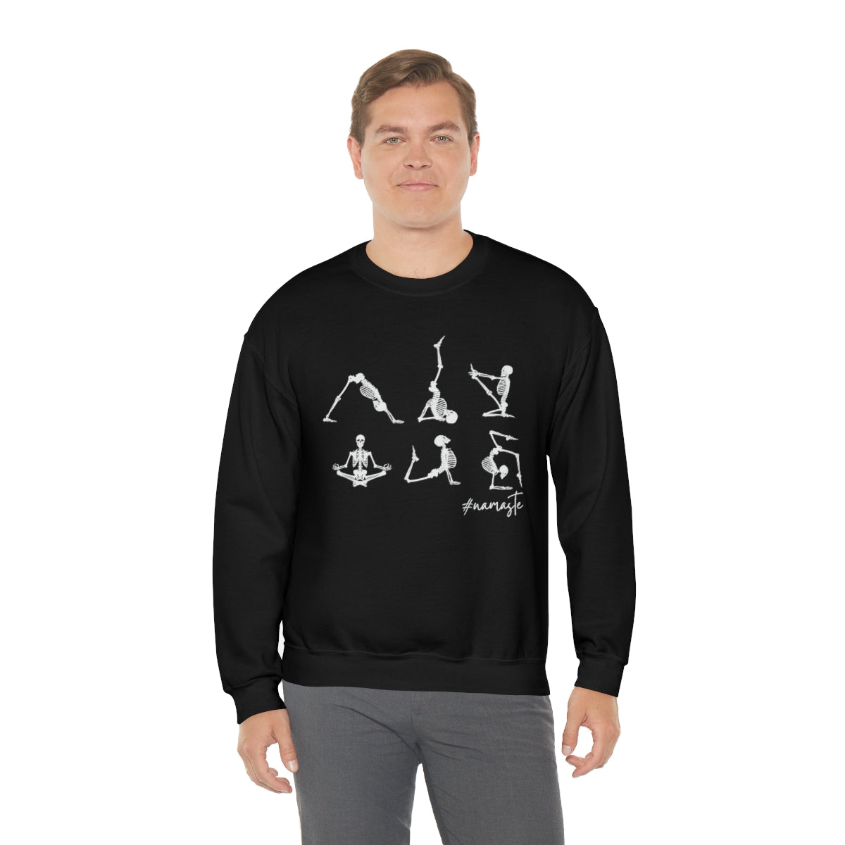 Namaste Skeleton Yoga Sweatshirt, Skeleton Yoga Namaste Sweater, Halloween Crewneck Sweatshirt, Halloween Sweater, Spooky Season, Fall Shirts on Unisex Heavy Blend™ Crewneck Sweatshirt