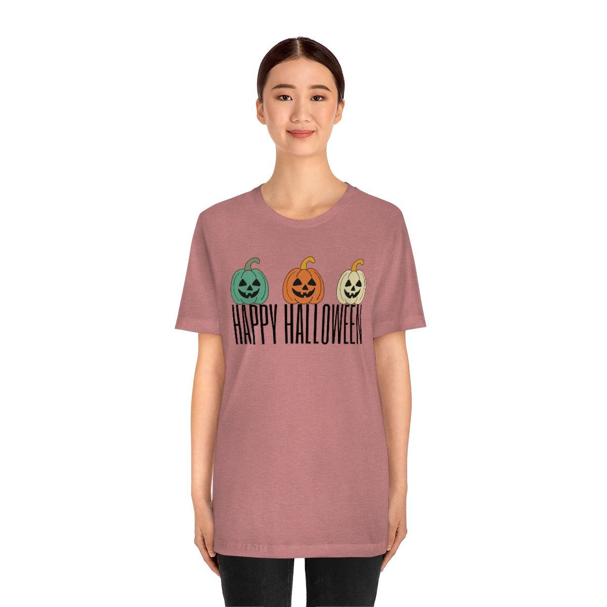 Three Pumpkins Retro Cute Happy Halloween TShirt Design on Unisex Jersey Short Sleeve Tee