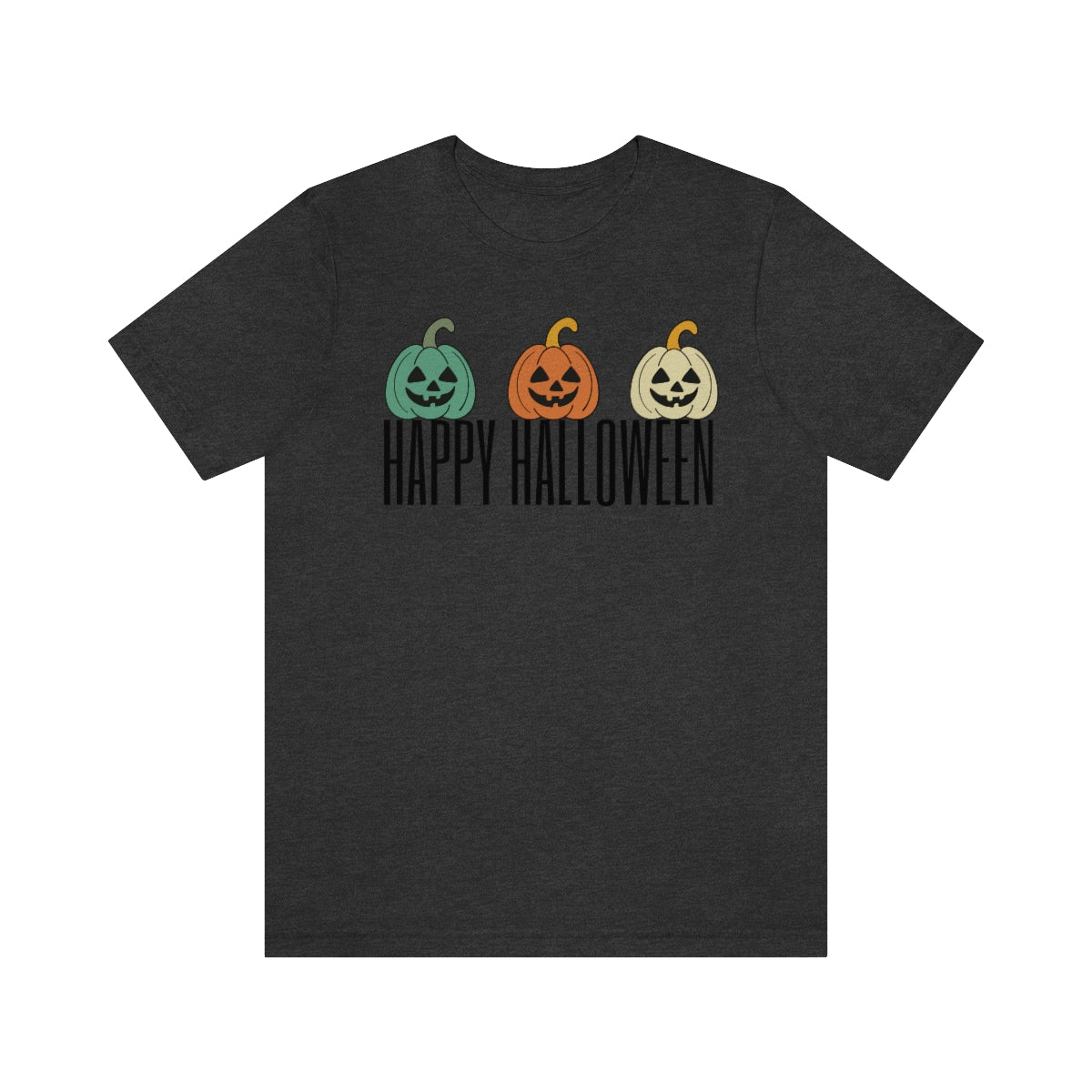 Three Pumpkins Retro Cute Happy Halloween TShirt Design on Unisex Jersey Short Sleeve Tee