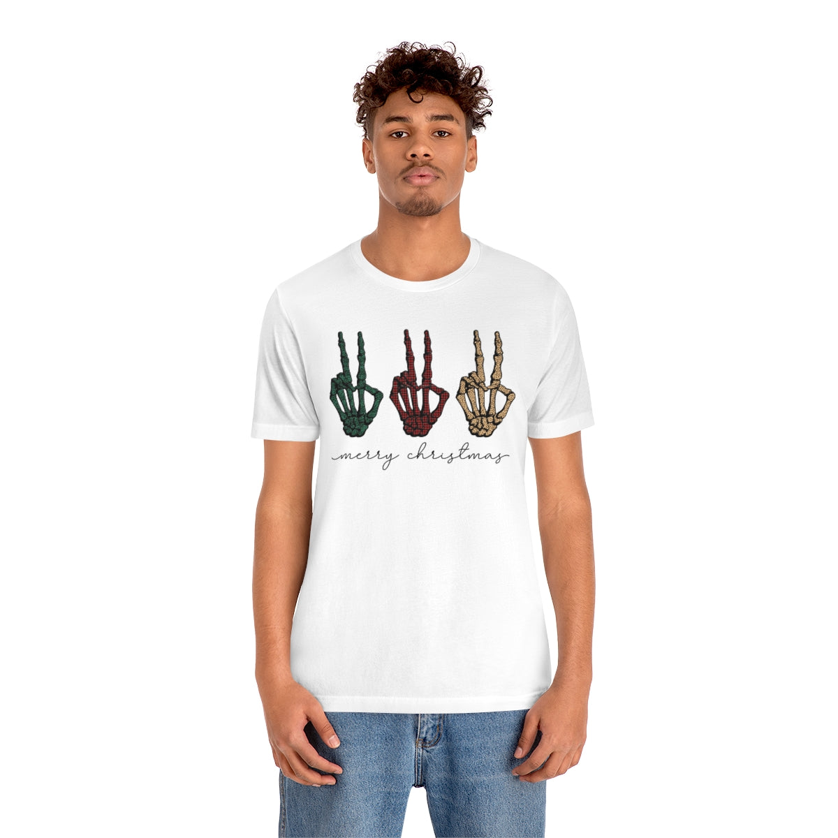 Three Peace Signs Skeleton Hands Spooky Merry Christmas Script Tshirt