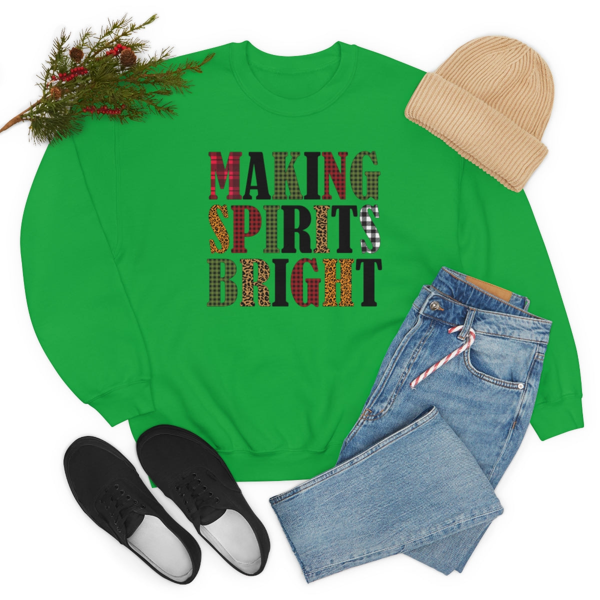 Making Spirits Bright Plaid Lettering Christmas Sweatshirt