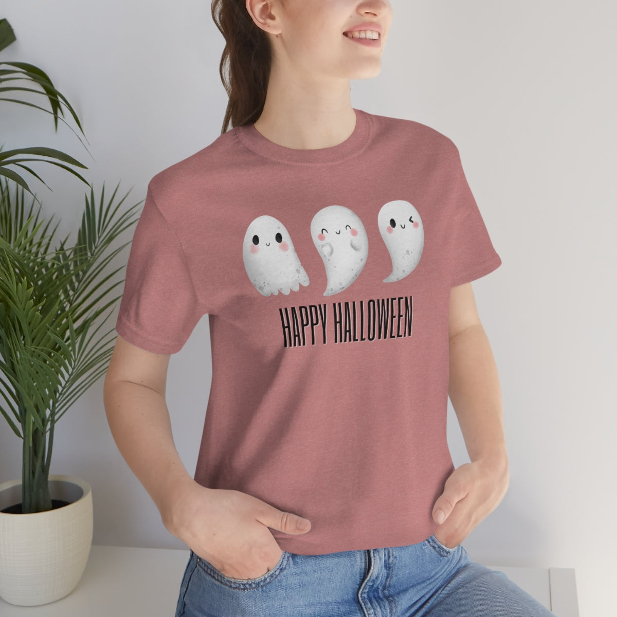 Three Ghosts Cute Happy Halloween Tshirt, Funny TShirt Design on Unisex Jersey Short Sleeve Tee