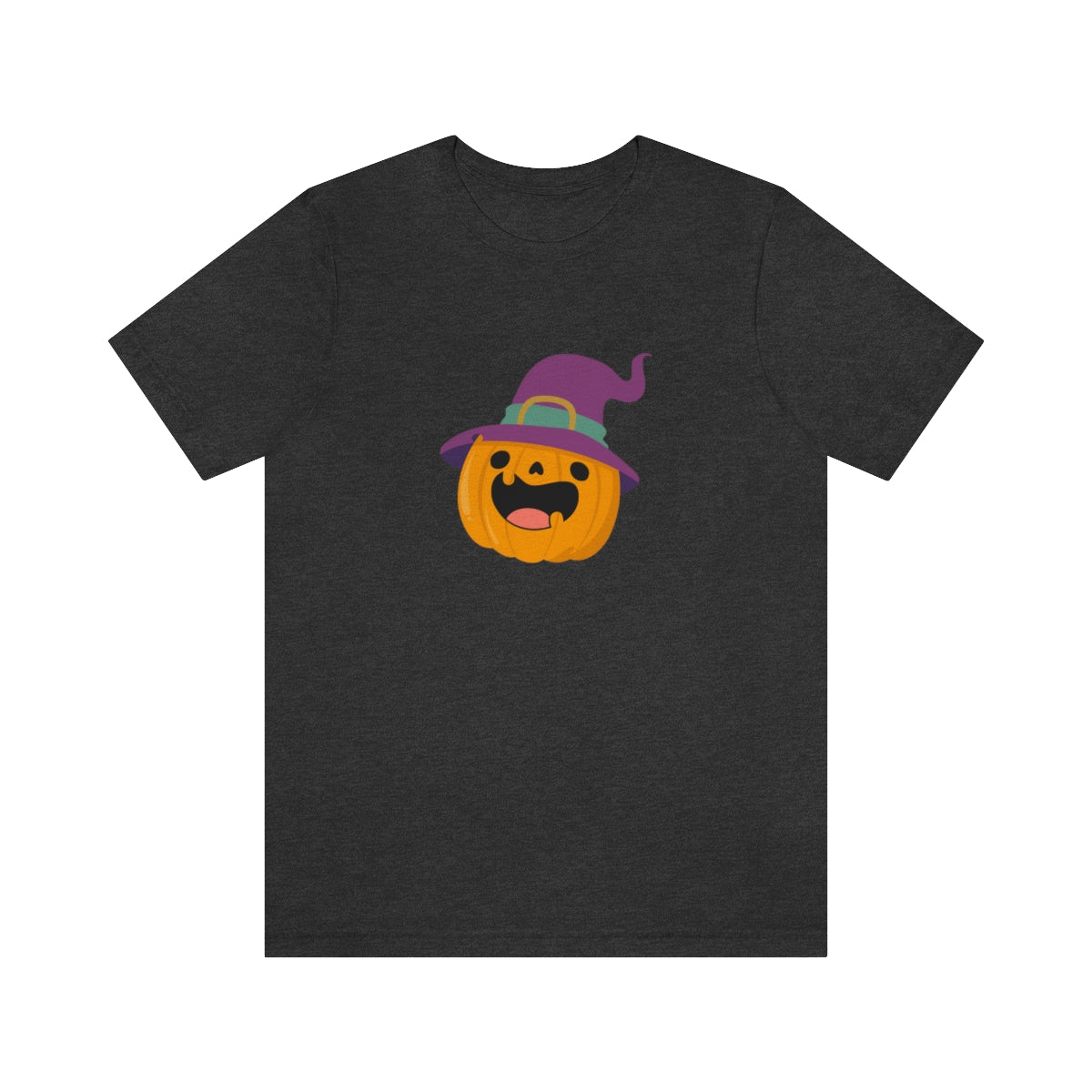 Pumpkin with Purple Hat Happy Halloween Tshirt, Funny Halloween T-Shirt Design on Unisex Jersey Short Sleeve Tee