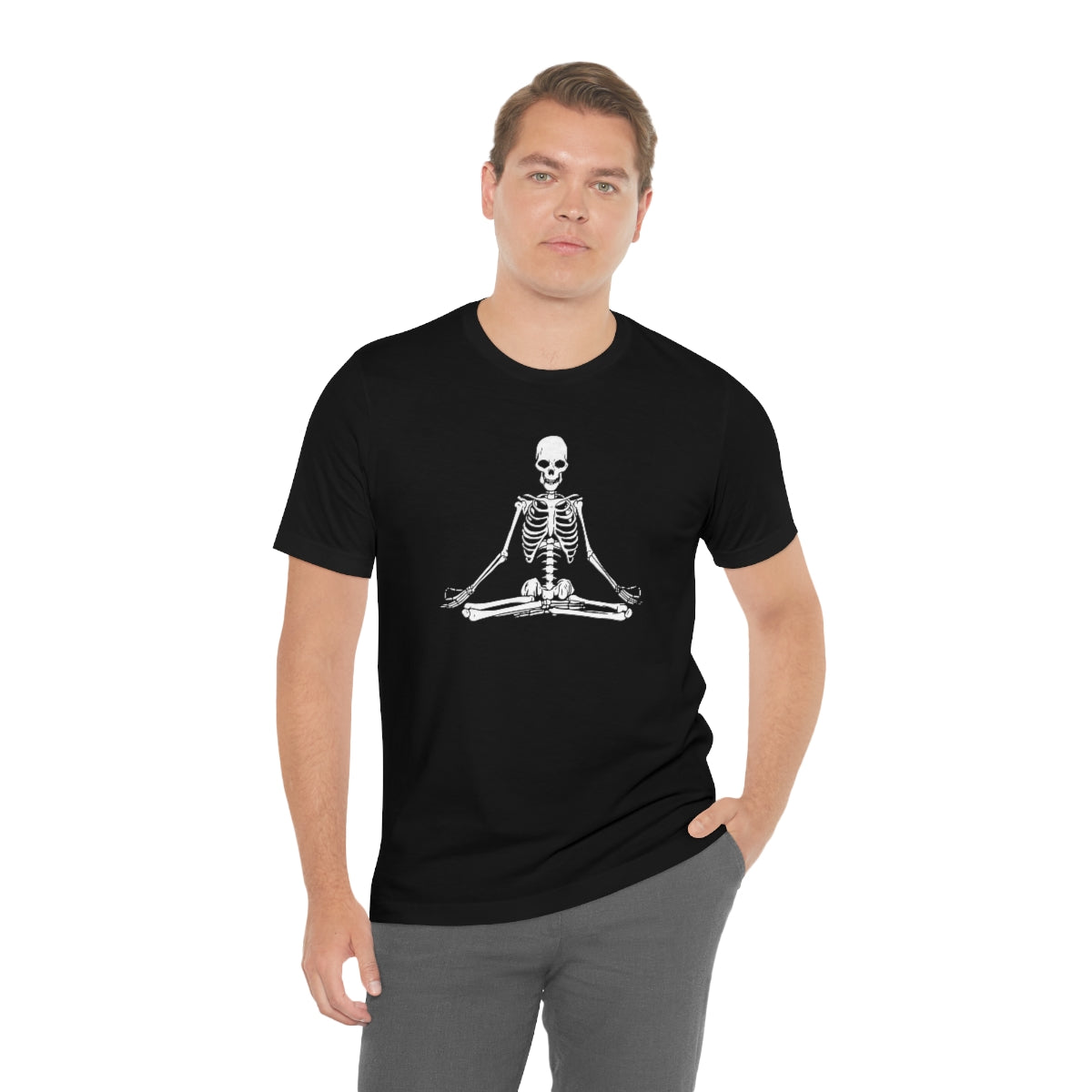 Meditating Yoga Skeleton TShirt, Funny Shirt, Namaste Skeleton, Halloween Lover Gift on Unisex Jersey Short Sleeve Tee