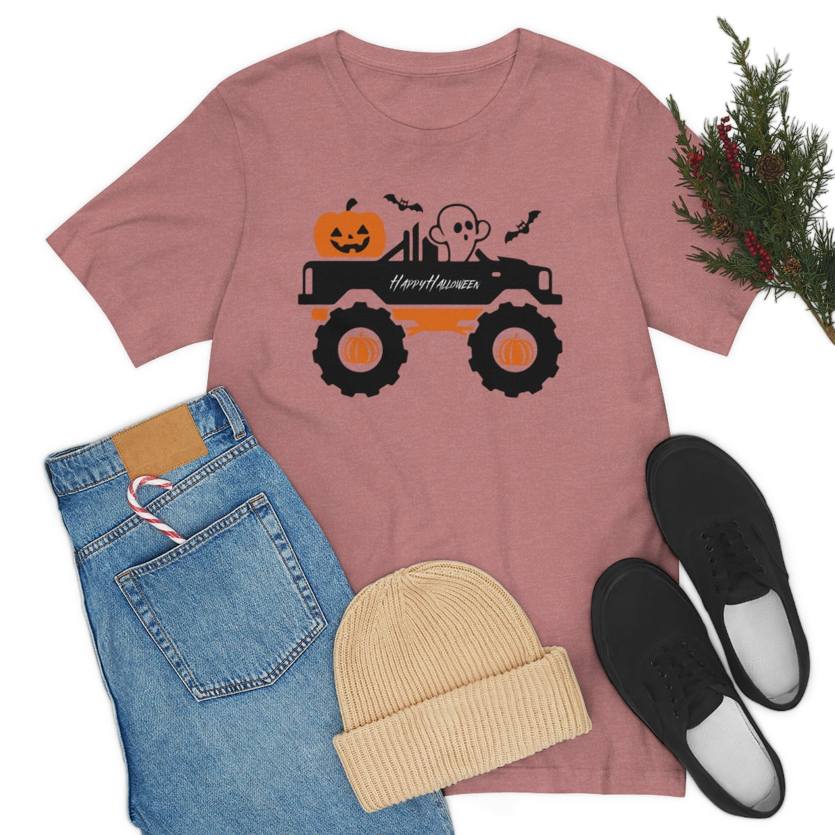 Big Rig Ghost Happy Halloween, Pumpkin Tshirt, Funny TShirt Design on Unisex Jersey Short Sleeve Tee