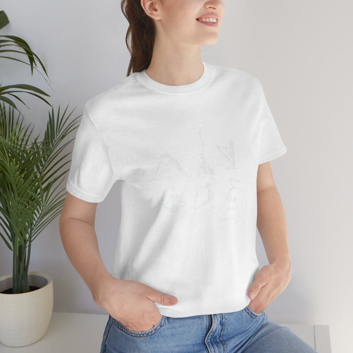 Namaste Yoga Skeletons Design on Unisex Jersey Short Sleeve Tee