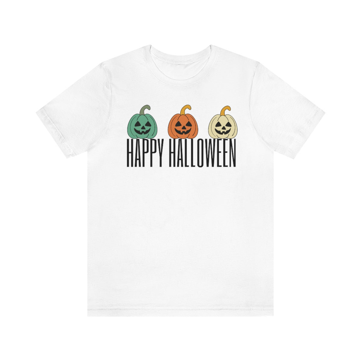 Three Pumpkins Retro Cute Happy Halloween TShirt Design on Unisex Jersey Short Sleeve Tee