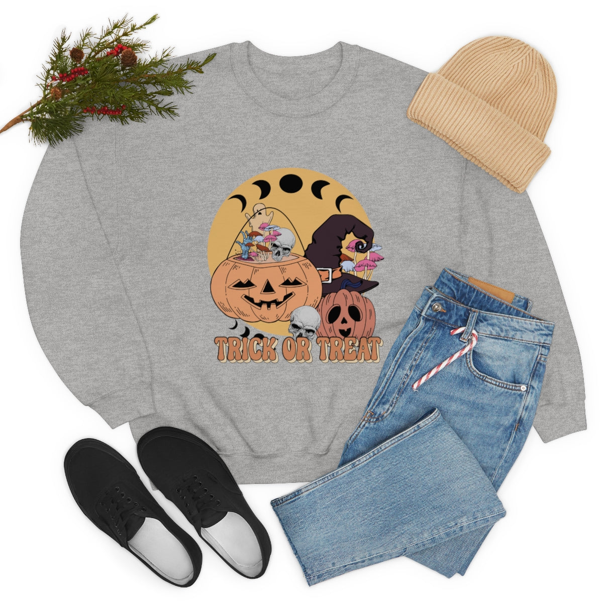 Trick or Treat Vintage Halloween Style Sweatshirt, Halloween Crewneck Sweatshirt, Halloween Sweater, Spooky Season, Fall Theme on Unisex Heavy Blend™ Crewneck Sweatshirt