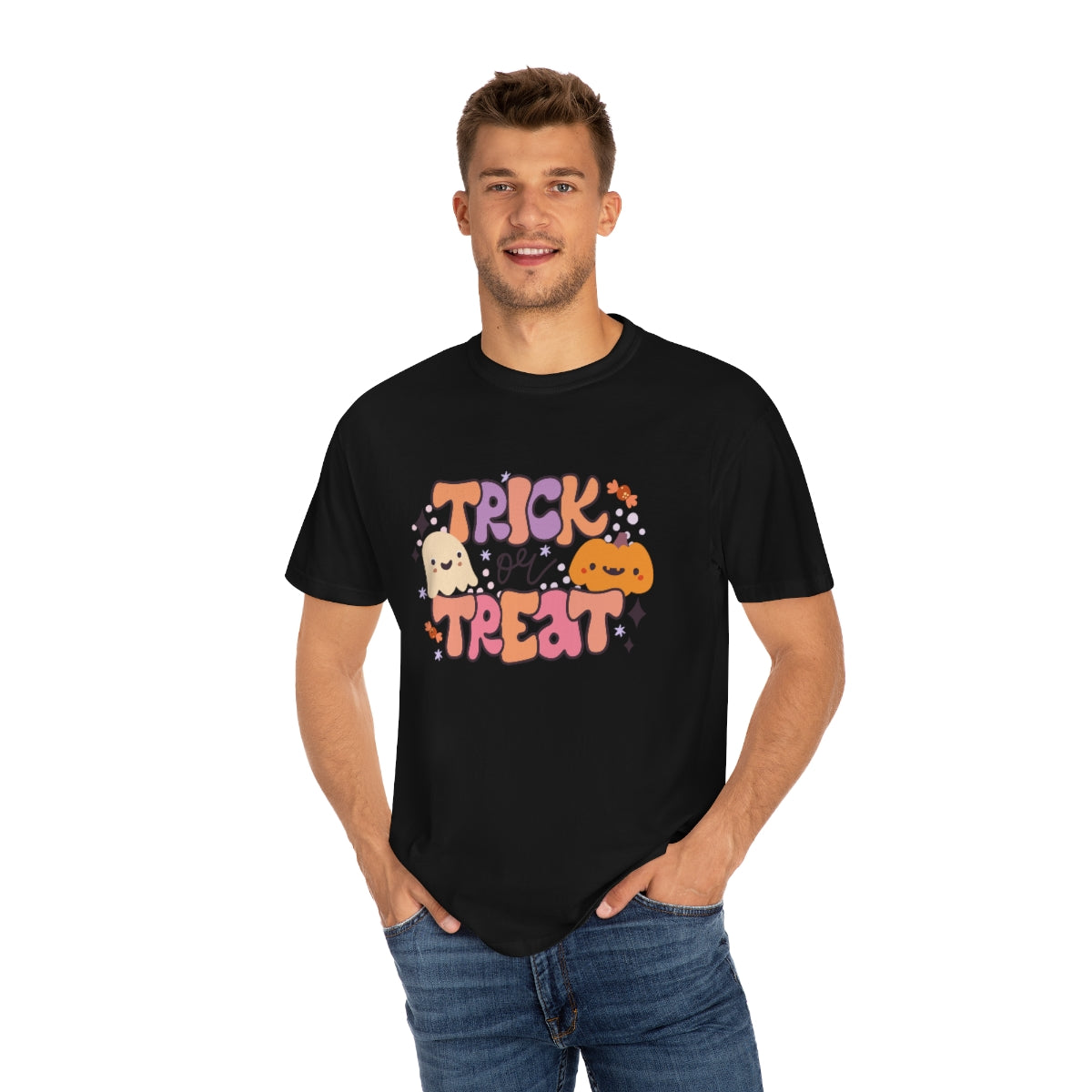 Trick or Treat Pumpkin Halloween Design, Halloween Tshirt, Funny Tshirt Design on Unisex Garment-Dyed T-shirt