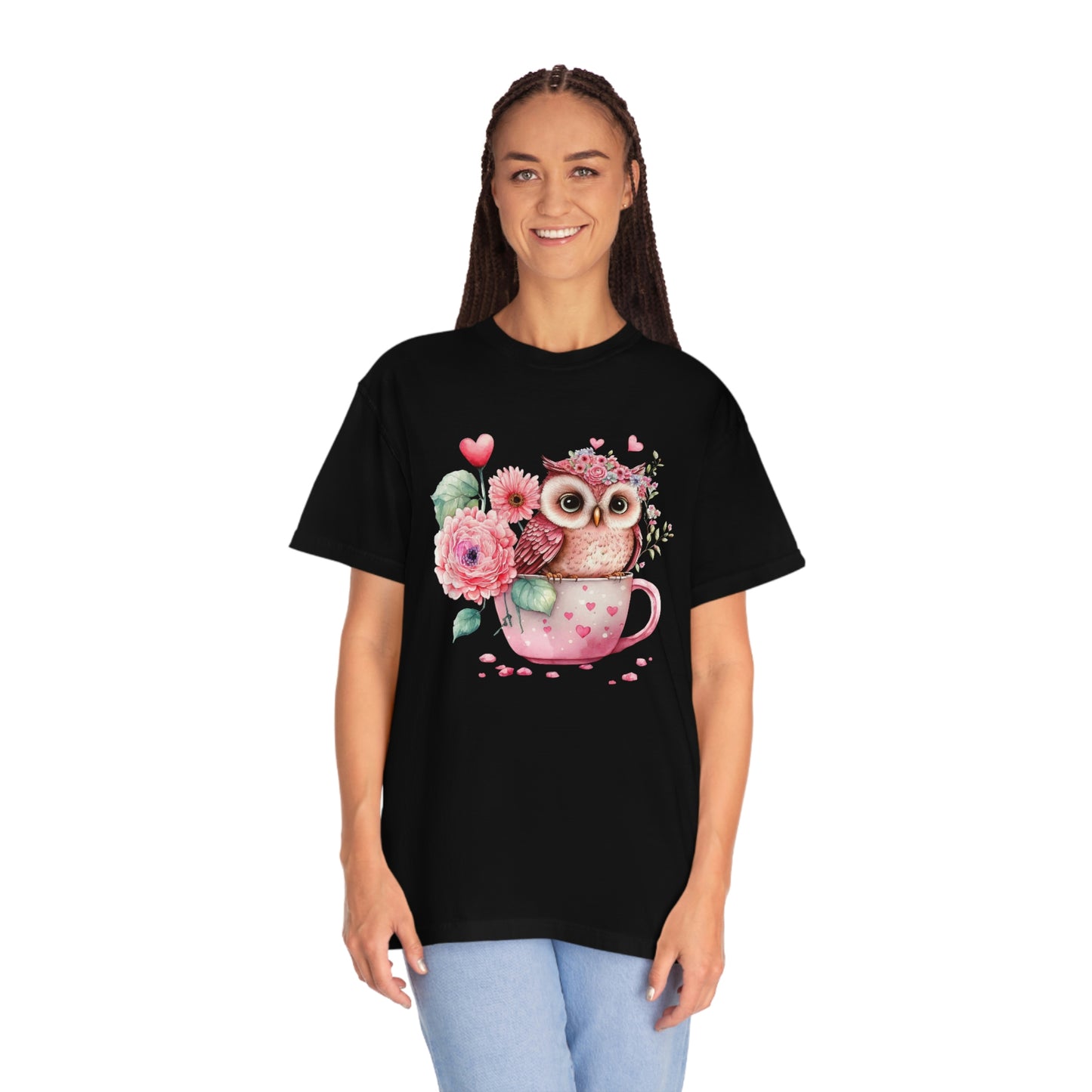 Cute Valentines Day Owl in Coffee Cup with Flowers Tshirt