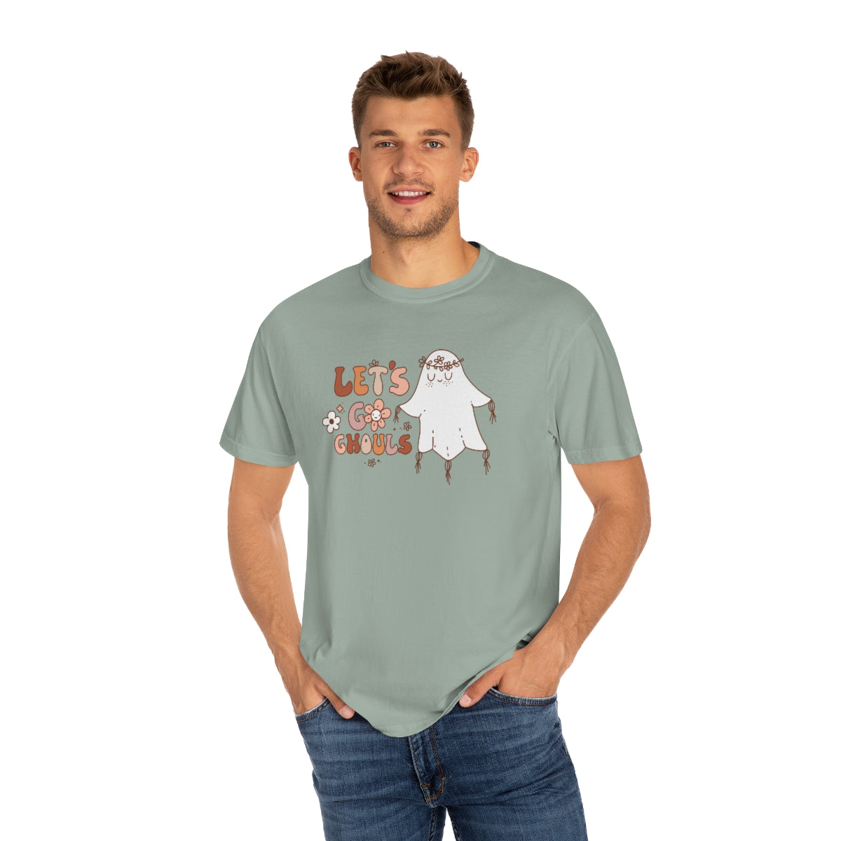 Let's Go Ghouls Cute Ghost with Retro Lettering Design, Halloween Tshirt, Funny Tshirt Design on Unisex Garment-Dyed T-shirt