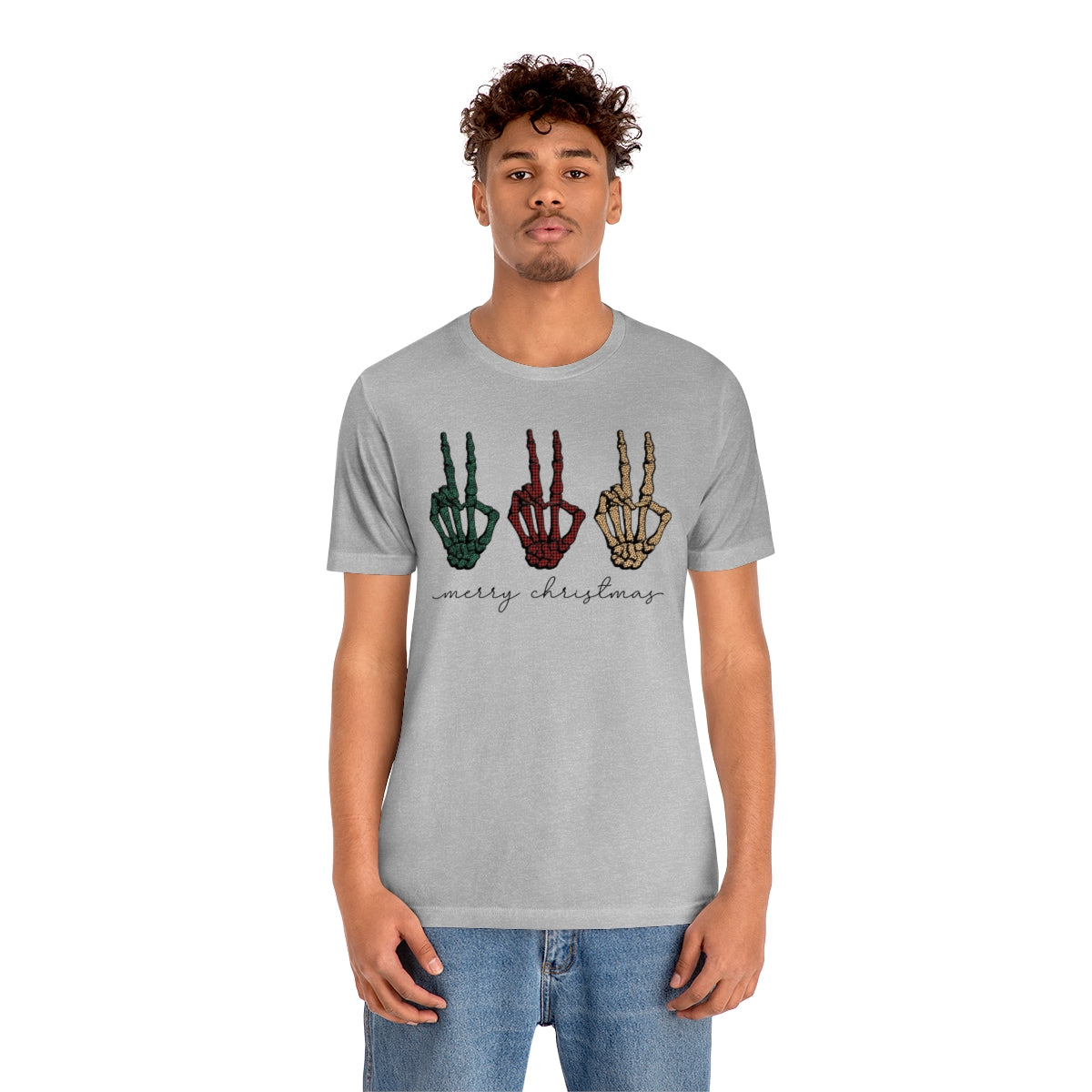 Three Peace Signs Skeleton Hands Spooky Merry Christmas Script Tshirt