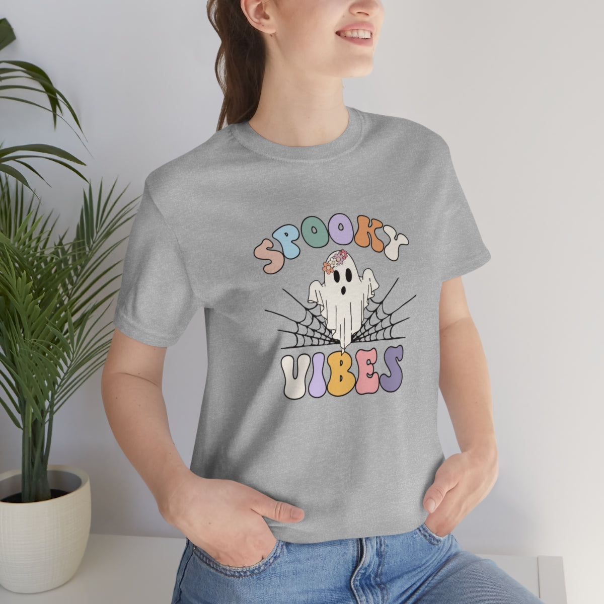 Spooky Vibes Ghost with Web TShirt, Funny Shirt, Halloween Lover Gift on Unisex Jersey Short Sleeve Tee