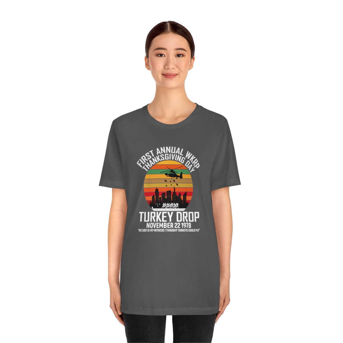 WKRP Turkey Drop Thanksgiving Teeshirt on Unisex Jersey Short Sleeve Tee