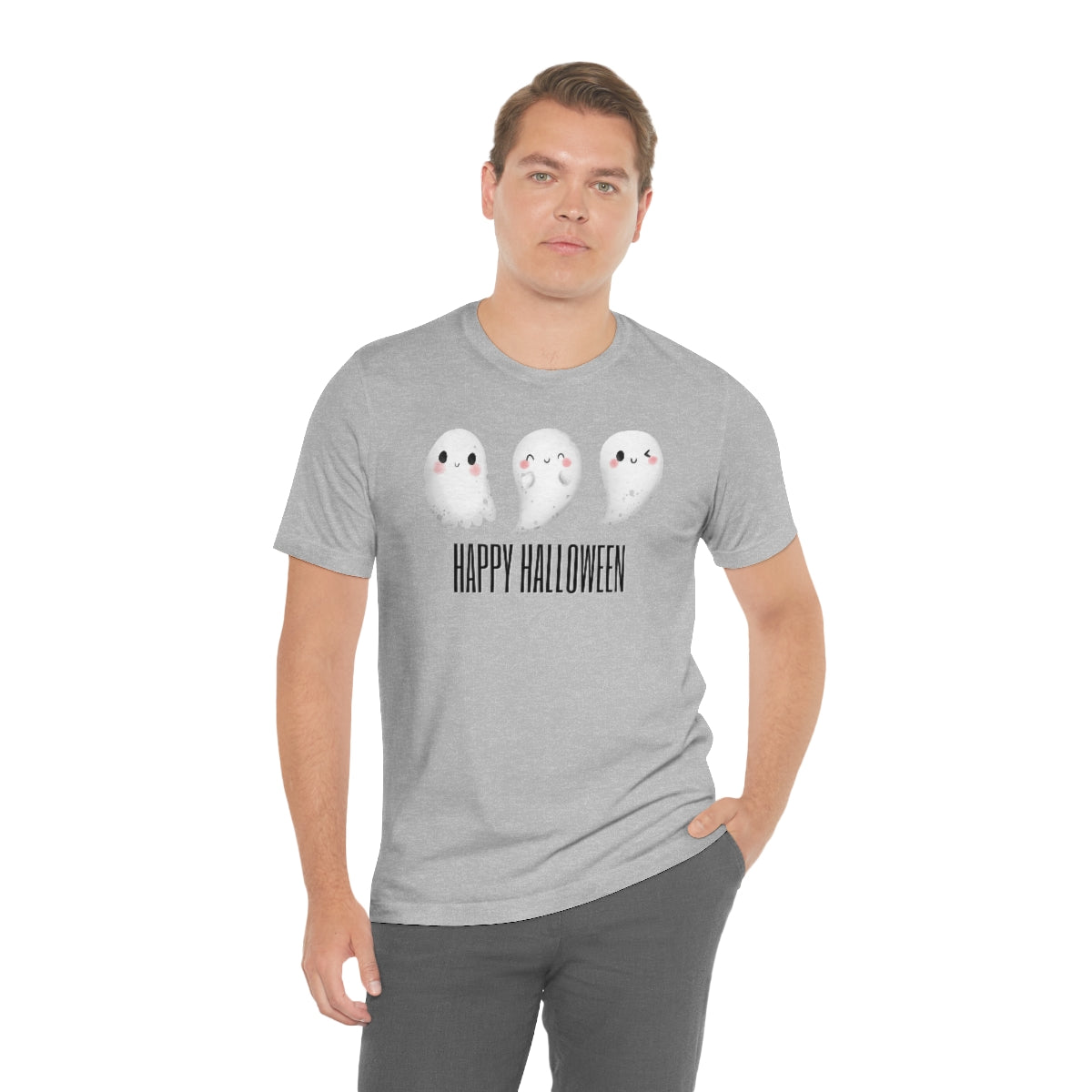 Three Ghosts Cute Happy Halloween Tshirt, Funny TShirt Design on Unisex Jersey Short Sleeve Tee