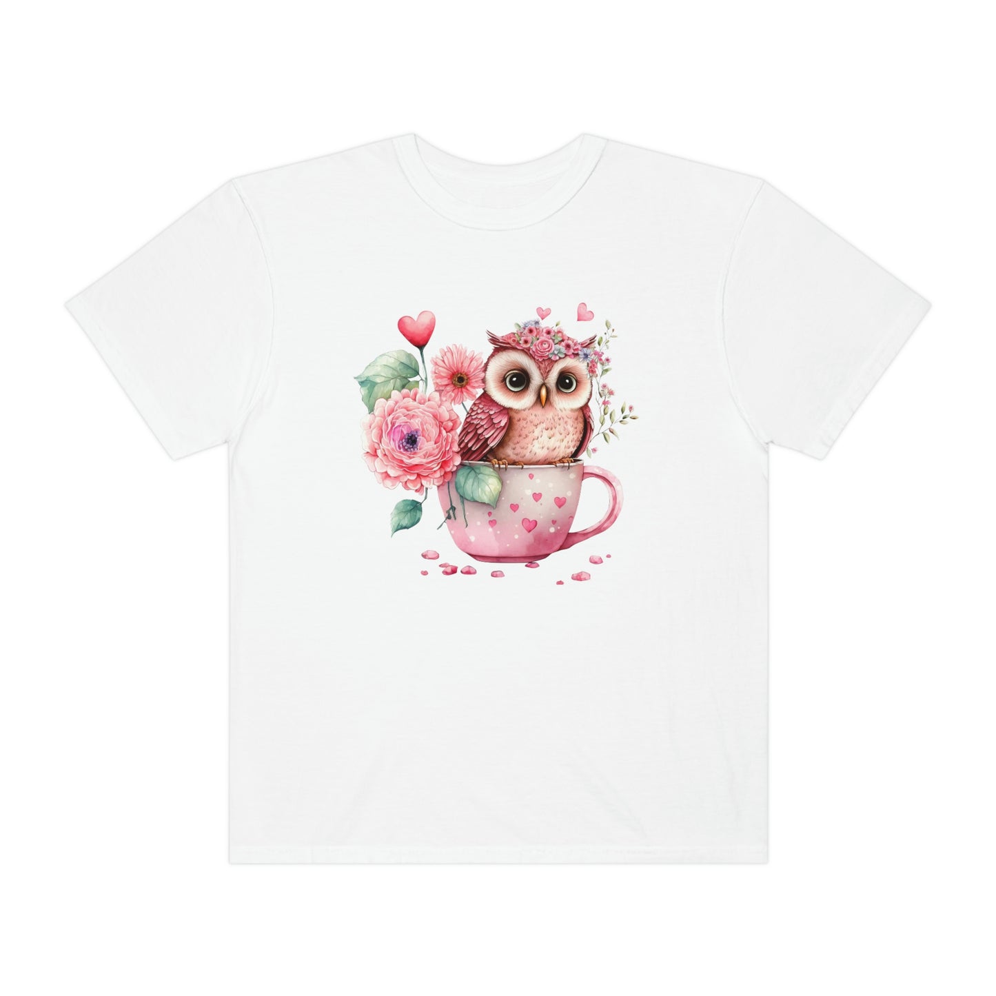 Cute Valentines Day Owl in Coffee Cup with Flowers Tshirt